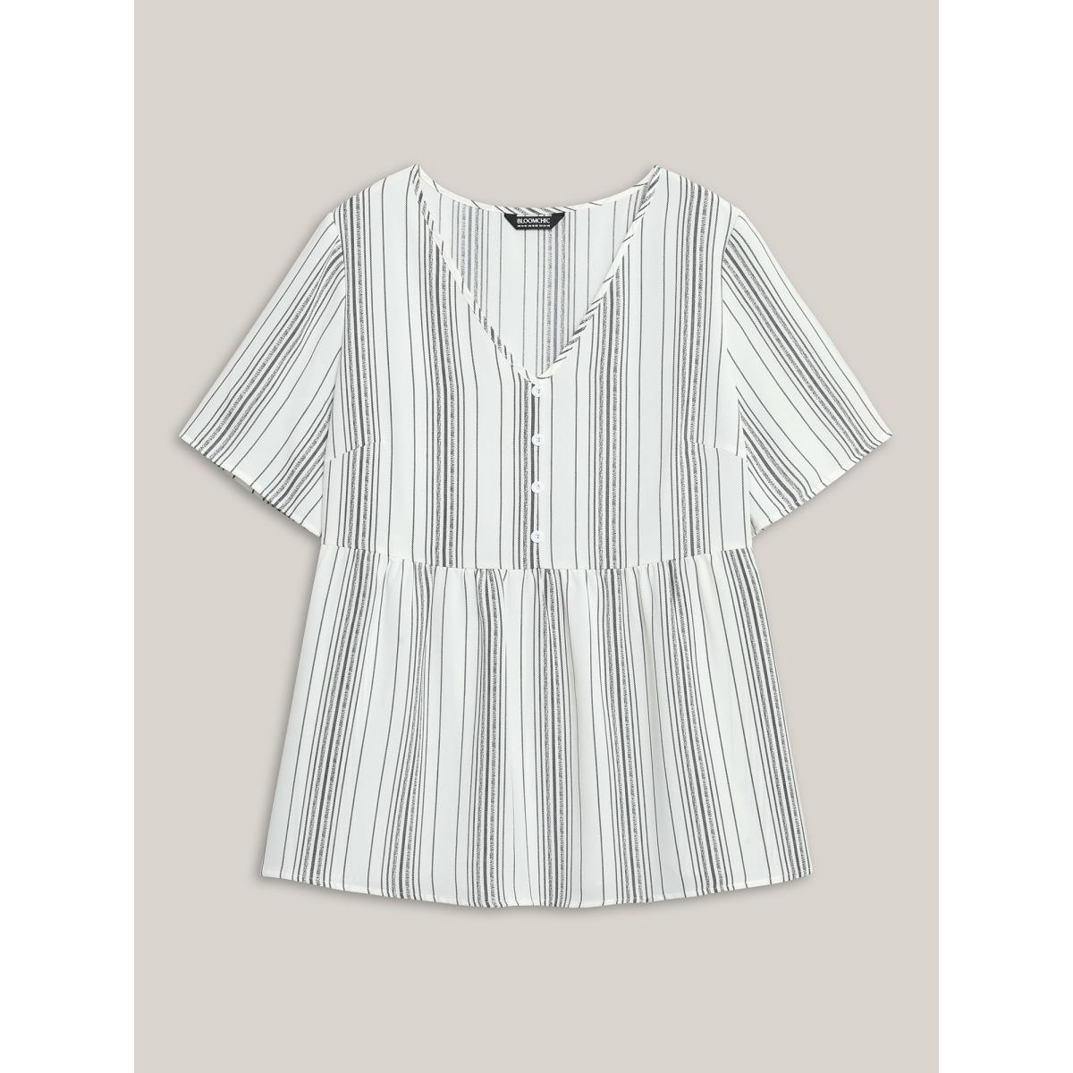 Plus Size Ivory Striped Button Detail Flowy Shirt Women Resort Half Sleeve V-neck Vacation Blouses BloomChic 22-24/3X Product Image