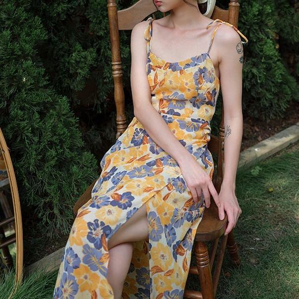 Tie Shoulder Floral Print Slit Maxi A-Line Dress Product Image