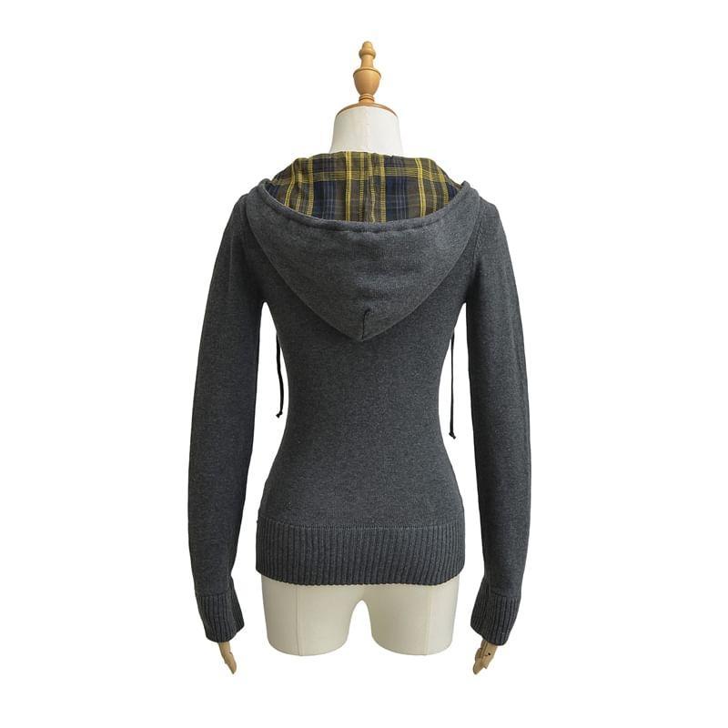 Plain Plaid Panel Hooded Zip Cardigan Product Image