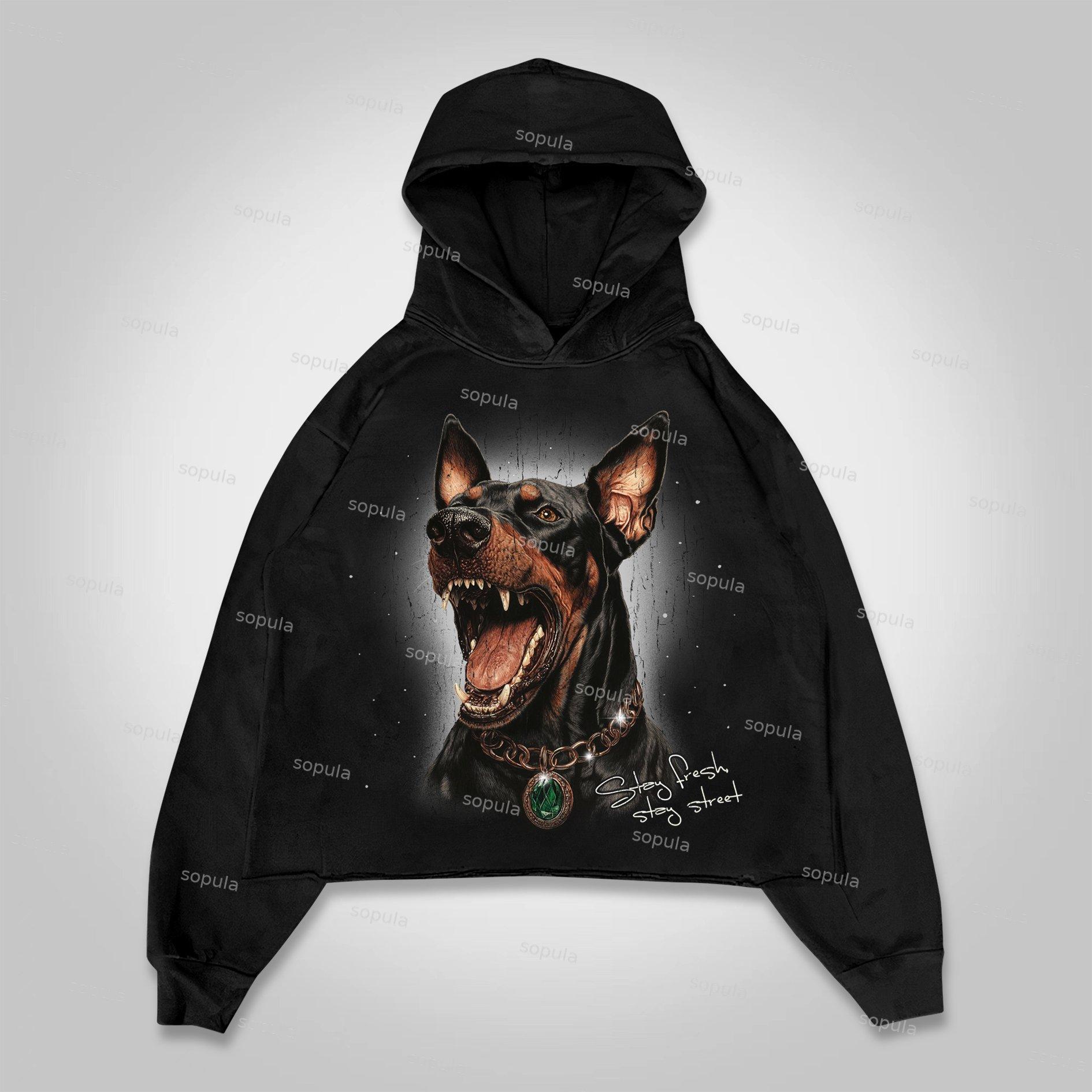 Sopula Vintage Street Doberman Graphic Cropped Hoodie Product Image