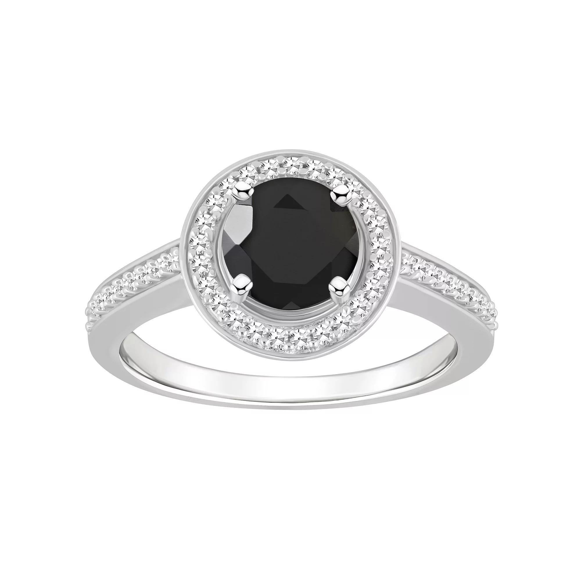 Celebration Gems Sterling Silver 7 mm Round Gemstone & 1/5 Carat T.W. Diamond Halo Ring, Women's, Black Product Image