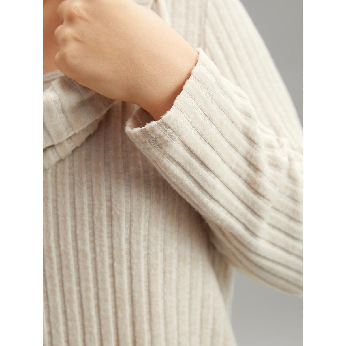 Plus Size Plain Rib Knit Cowl Neck T-shirt Apricot Women Elegant Texture Plain Ruffled collar Dailywear T-shirts BloomChic 18-20/2X Product Image