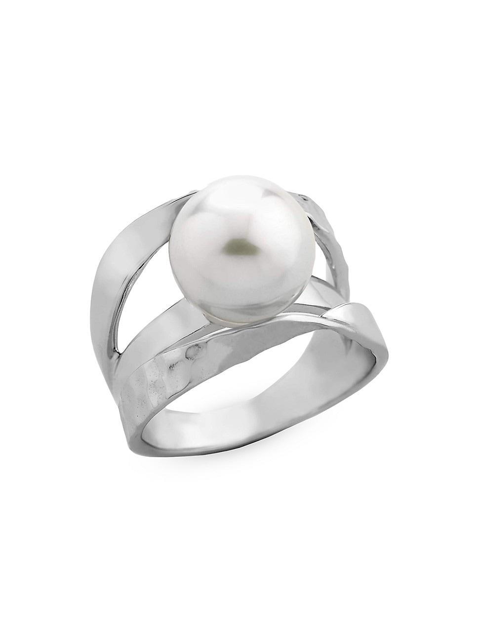 Womens Planet Classic Rhodium-Plated Silver & Faux Pearl Ring Product Image