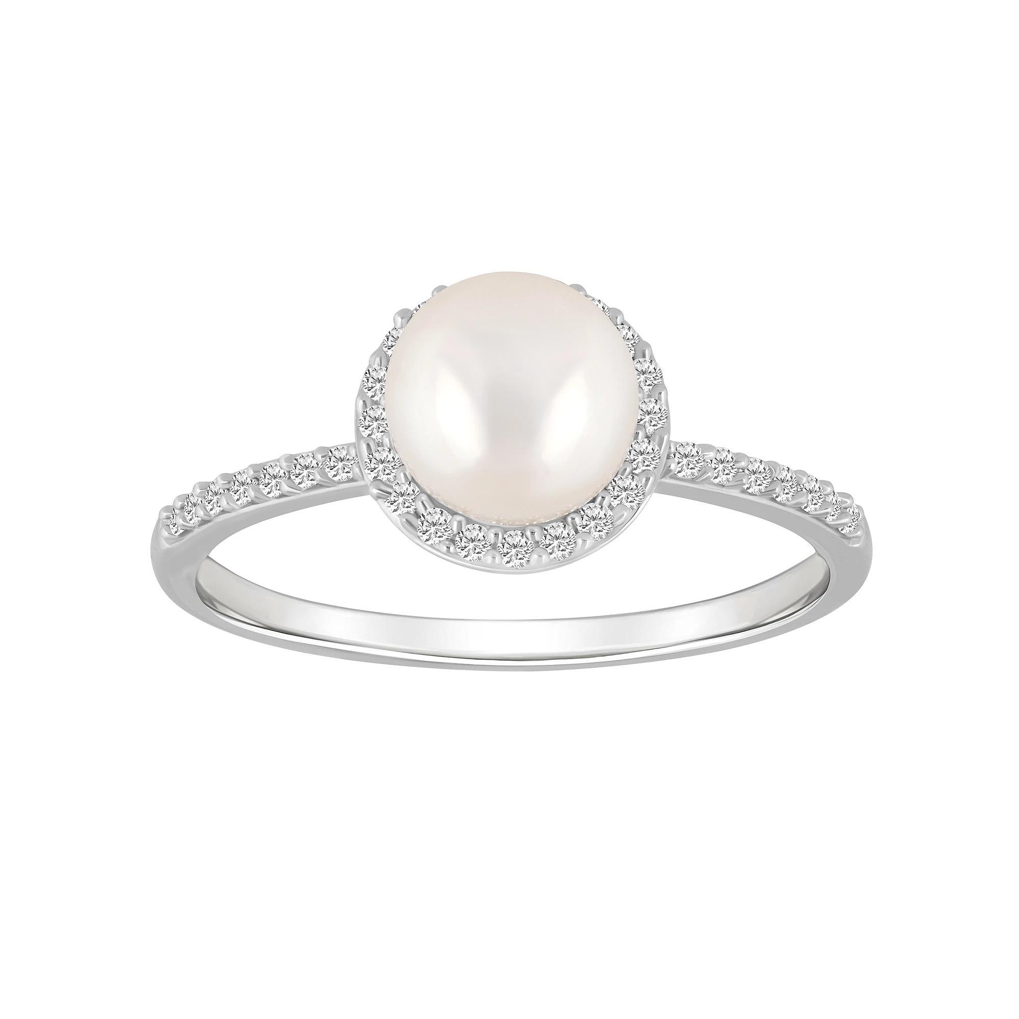 Celebration Gems 10k White Gold Round Freshwater Cultured Pearl & Lab-Created White Sapphire Halo Ring, Women's, Size: 7 Product Image