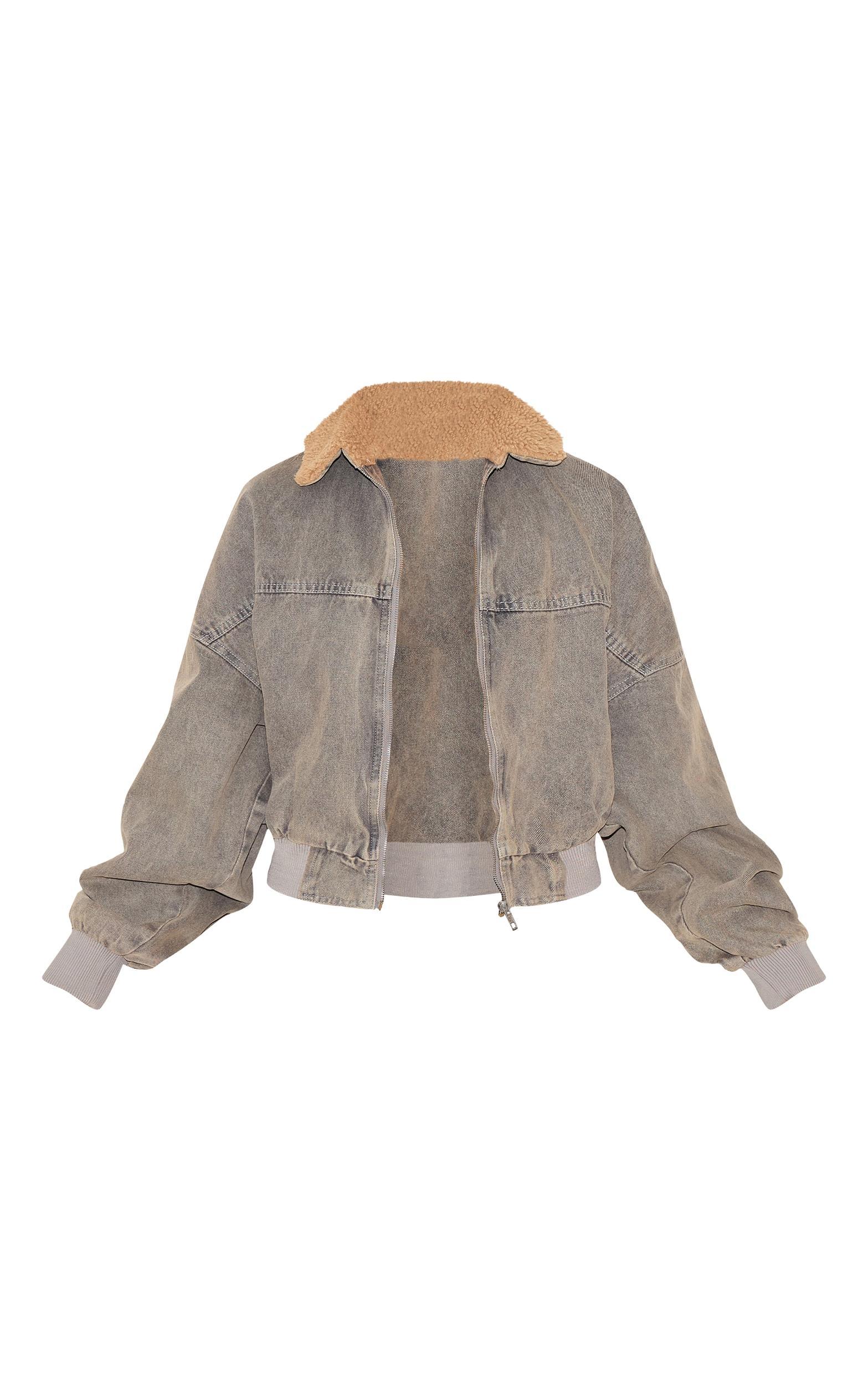 Light Grey Borg Collar Denim Bomber Jacket Product Image