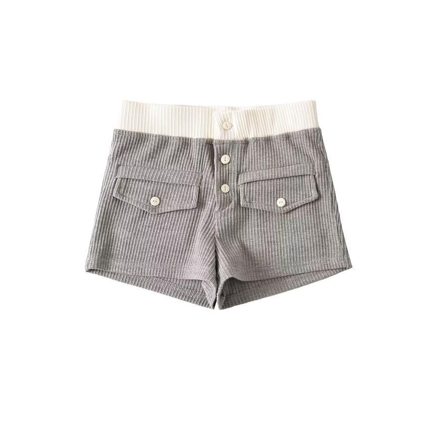 Elastic Waist Contrast Trim Button Fly Ribbed Knit Shorts Product Image