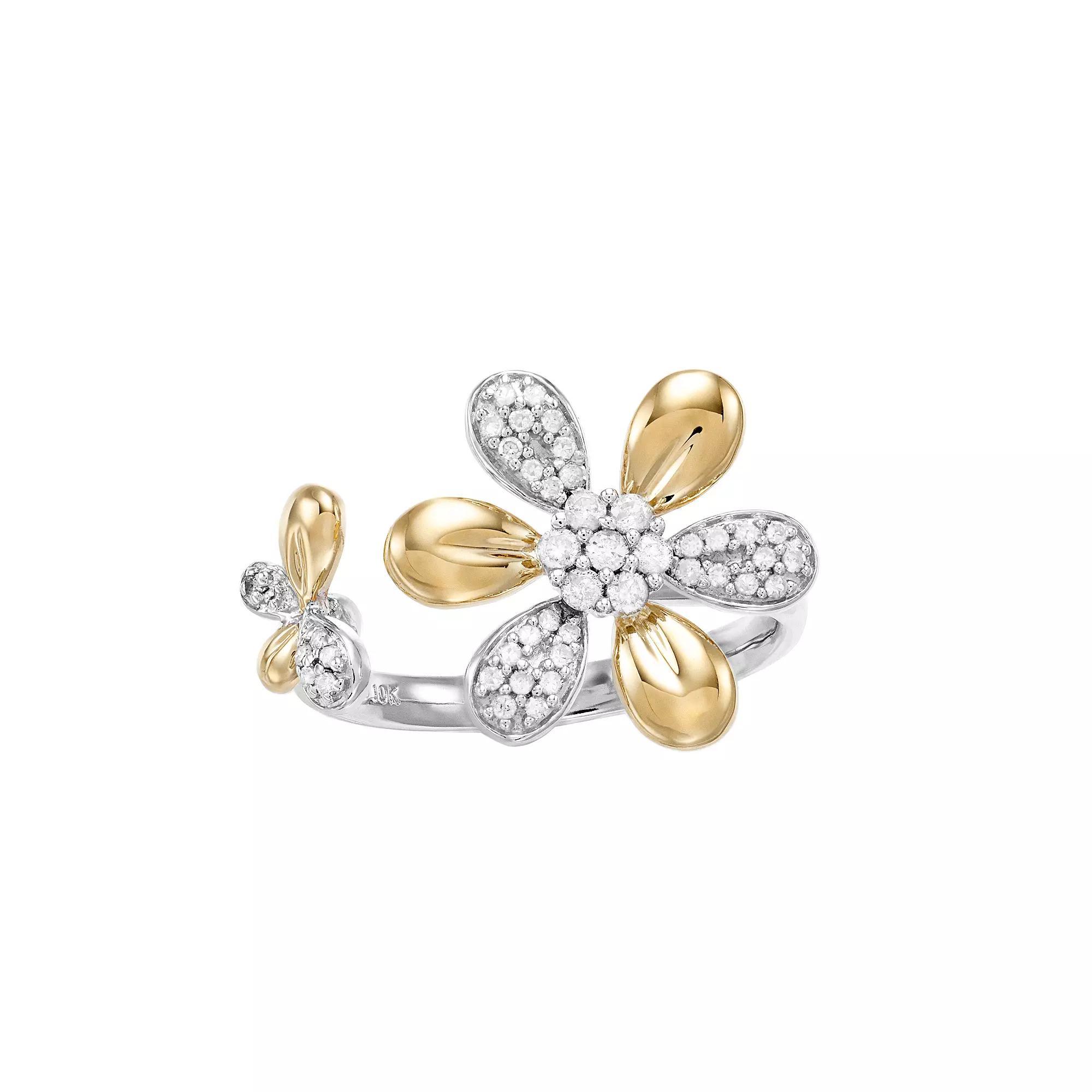 Two Tone Sterling Silver 1/4 Carat T.W. Diamond Flower Ring, Women's, Size: 6 Product Image