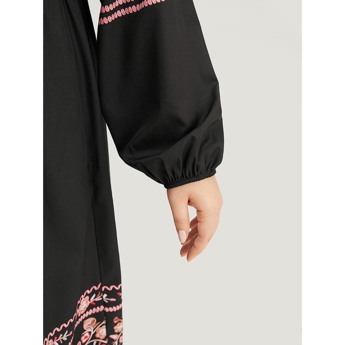 Plus Size Bandana Print Lantern Sleeve Pocket Dress Black Women Resort Elastic cuffs Round Neck Long Sleeve Curvy Knee Dress BloomChic 10/M Product Image