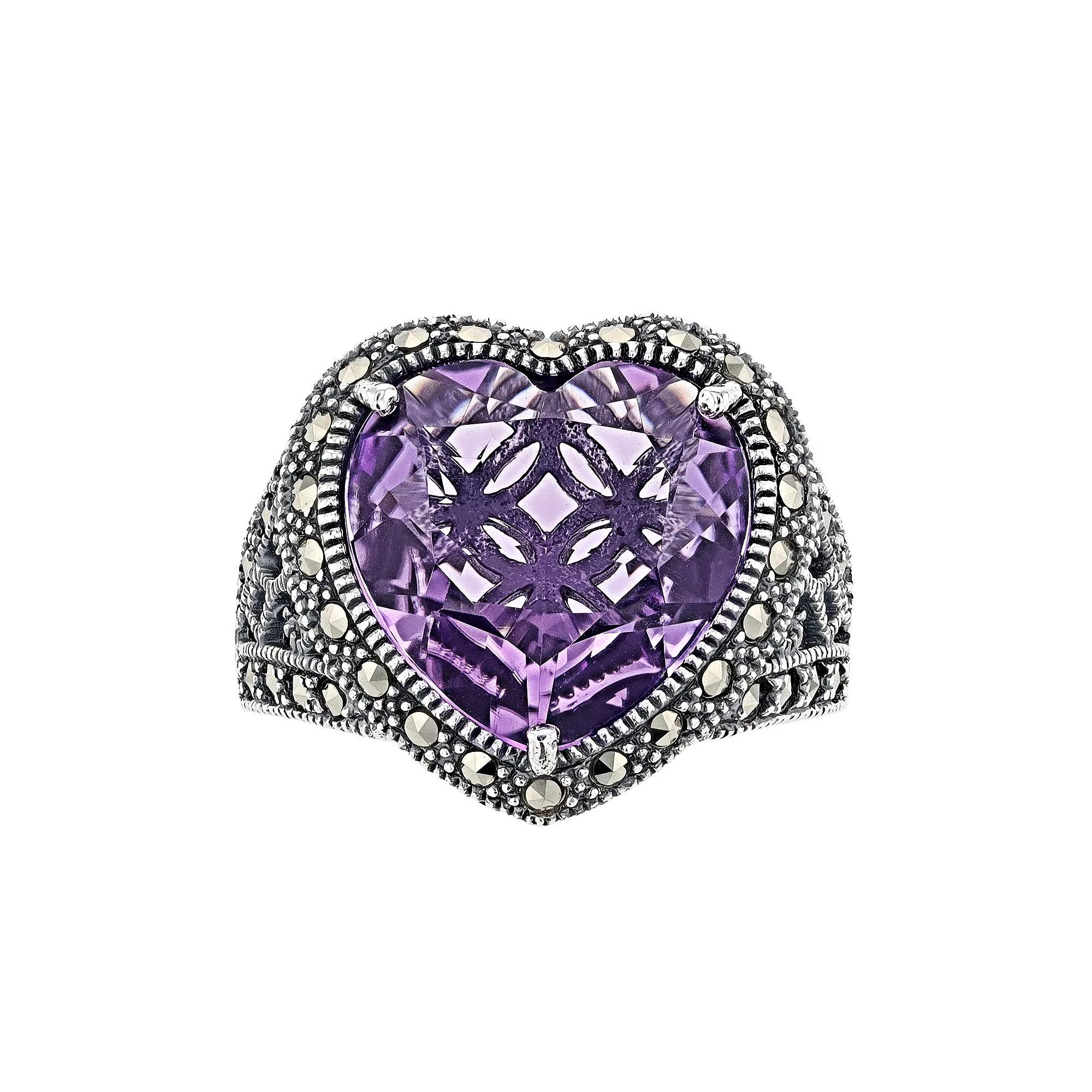 Lavish by TJM Sterling Silver Lab-Created Amethyst & Marcasite Heart Ring, Women's, Size: 9 Product Image
