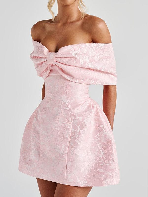 A-Line High Waisted Solid Color Off-The-Shoulder Mini Dresses Product Image