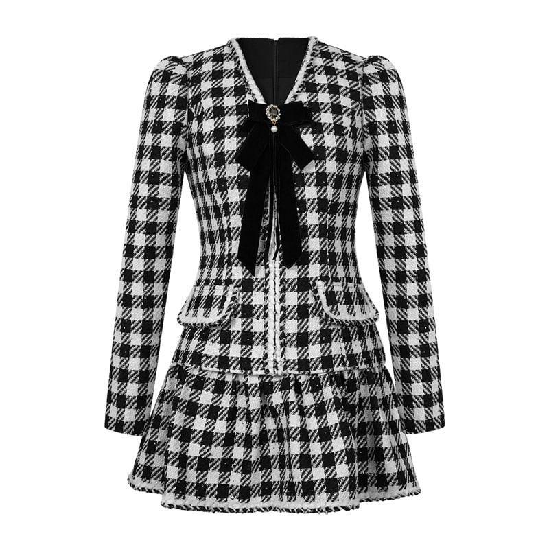 Long-Sleeve V-Neck Plaid Bow Mini A-Line Dress Product Image