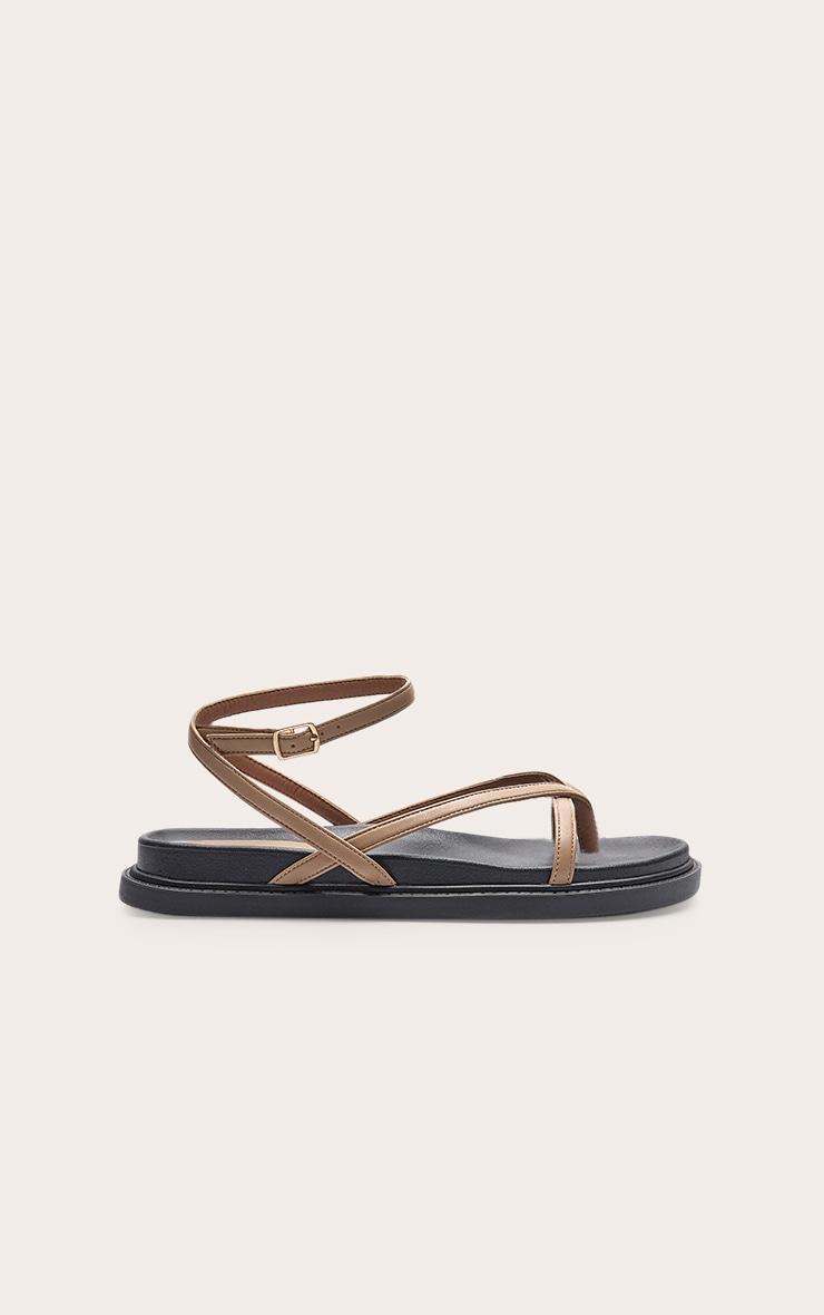 Beige Pu Round Toe Thong Footbed Ankle Strap Flat Sandals Product Image