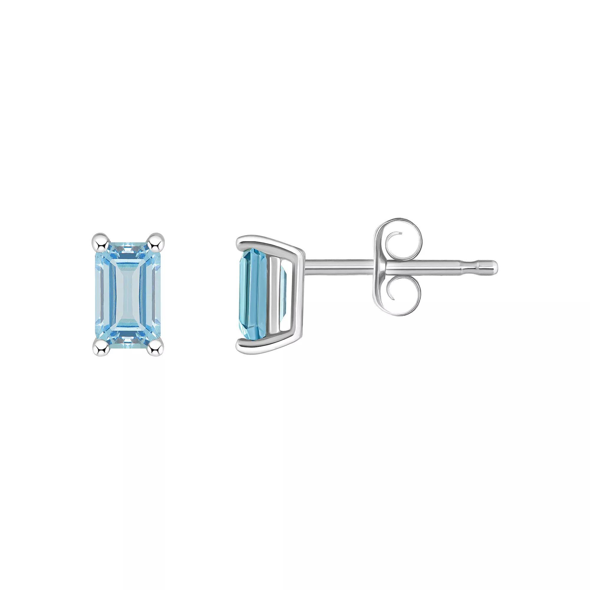 14k White Gold Emerald Cut Birthstone Stud Earrings, Women's, Aquamarine Product Image