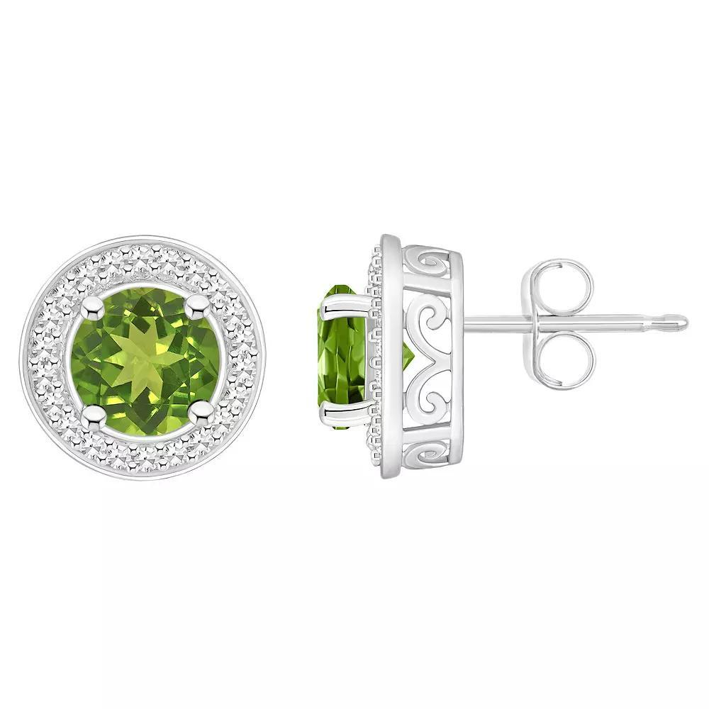 Celebration Gems Sterling Silver Round Gemstone & 1/5 Carat T.W. Diamond Halo Stud Earrings, Womens, Peridot Product Image