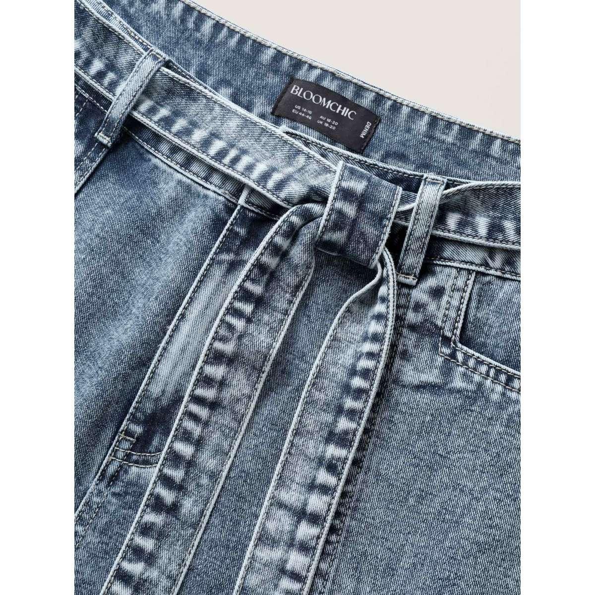 Plus Size Waist Belted Pockets Boyfriend Jeans Women Midblue Low stretch Slanted pocket Jeans BloomChic 14/1X Product Image