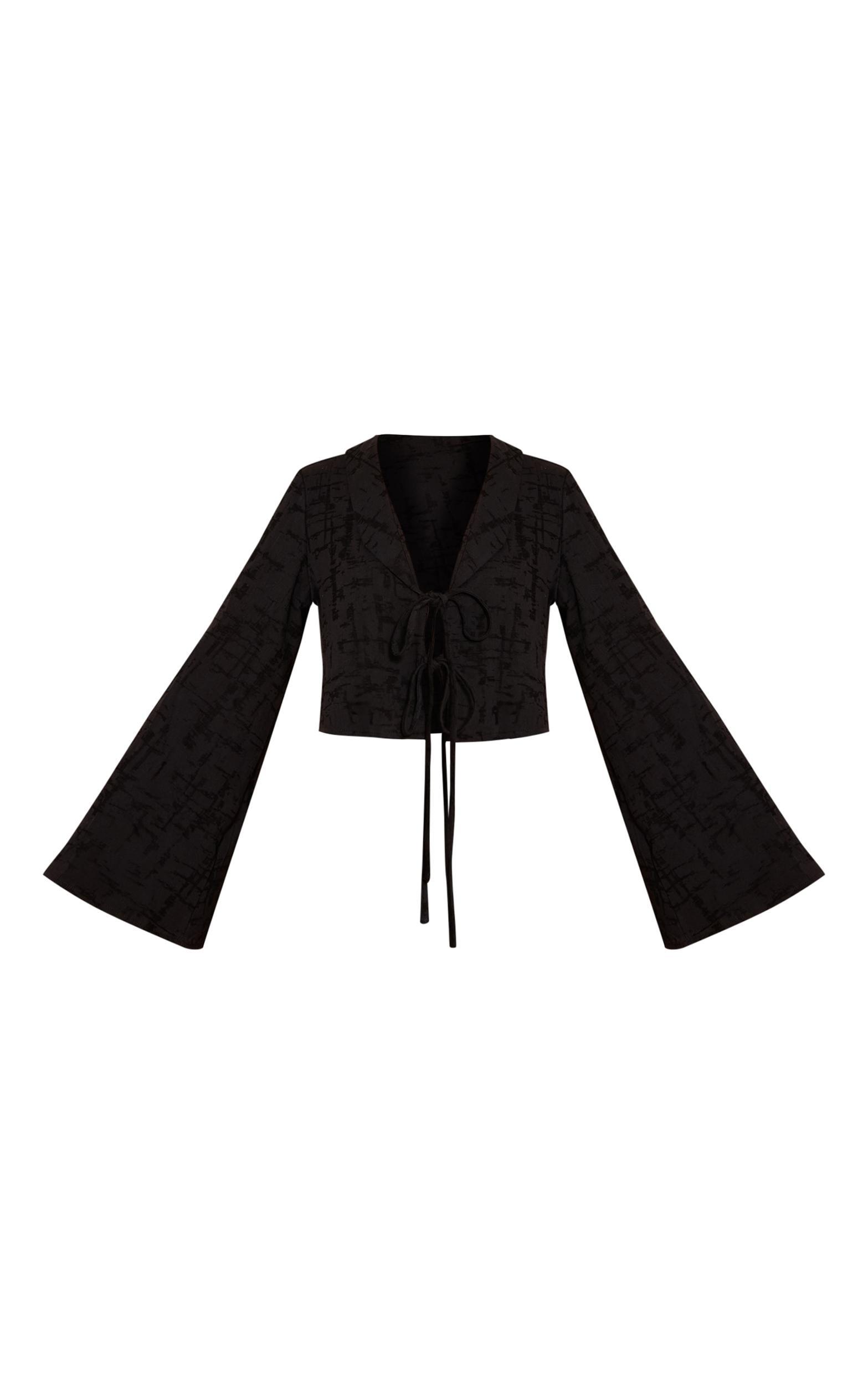  Black Textured Lightweight Woven Tie Front Shirt Product Image