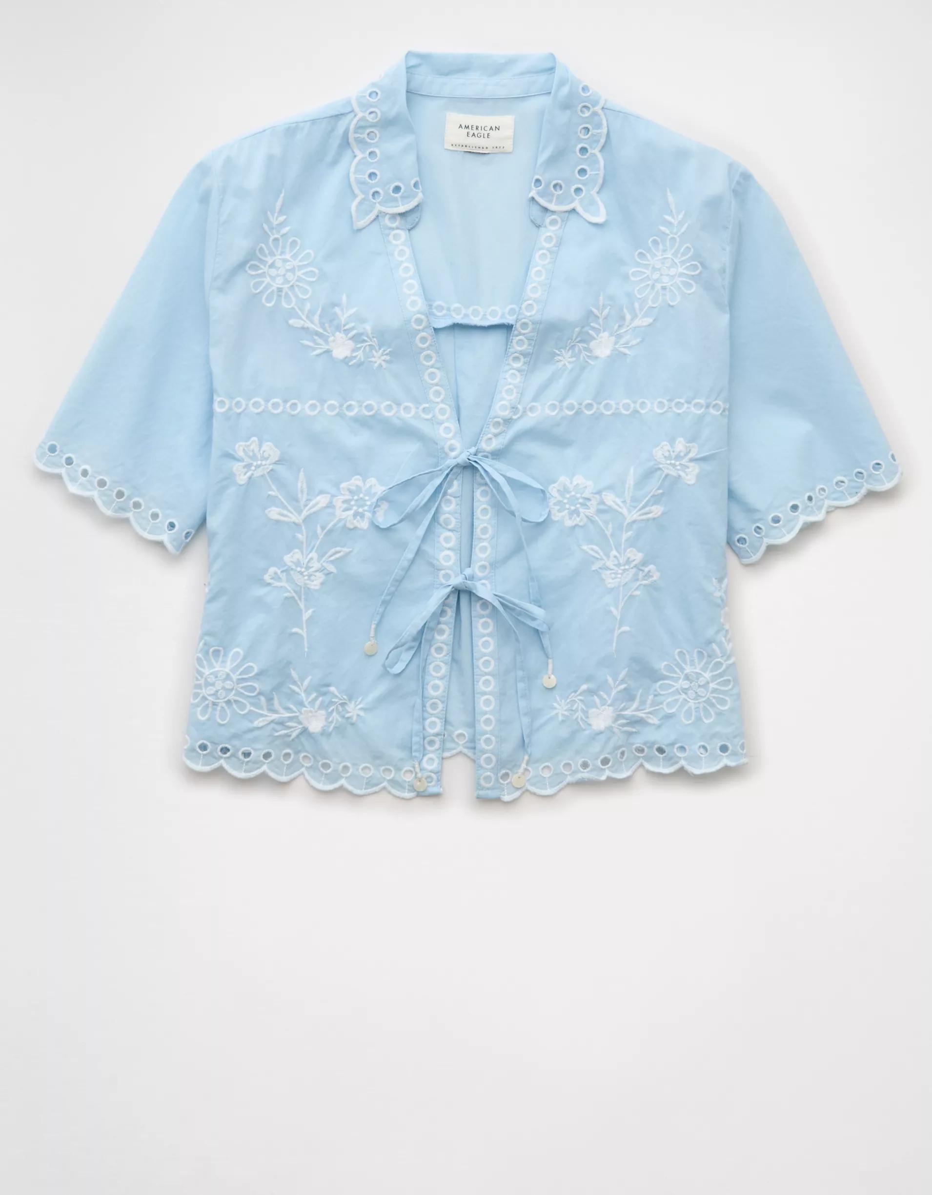 AE Collared Tie Front Embroidered Shirt Product Image
