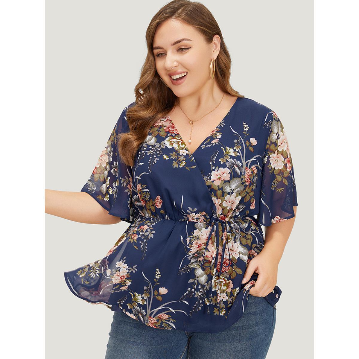 Plus Size Indigo Floral Wrap Mesh Sleeve Blouse Women Elegant Half Sleeve V-neck Dailywear Blouses BloomChic 28/5X Product Image