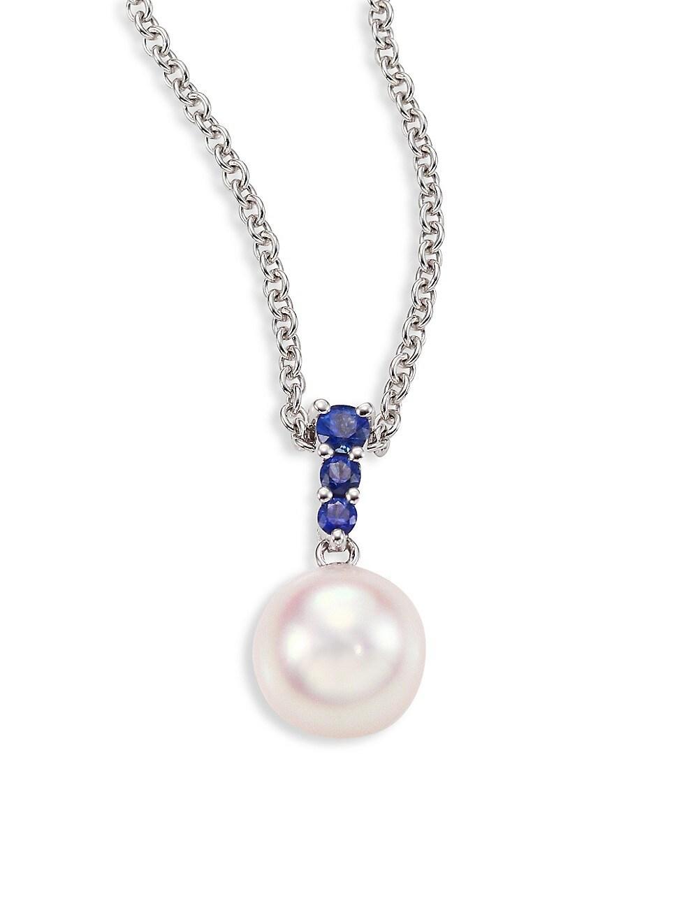 Womens Morning Dew 8MM White Cultured Akoya Pearl, Sapphire & 18K White Gold Pendant Necklace Product Image