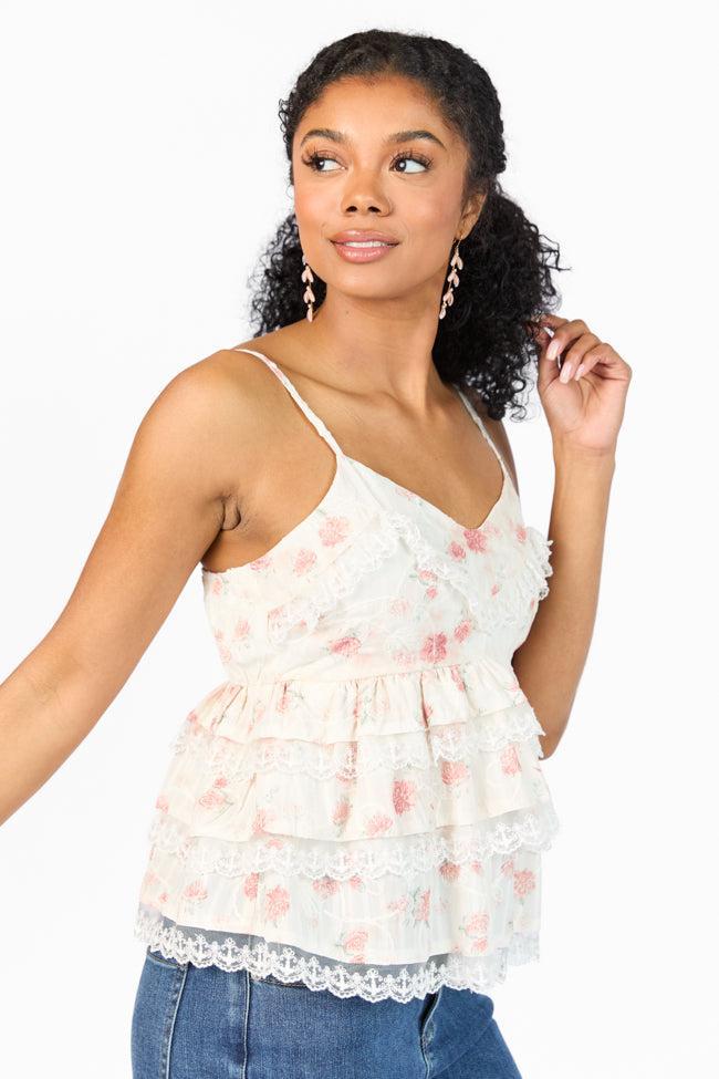 Come Out In The Wash Cream Multi Lace Tiered Floral Tank SALE Product Image