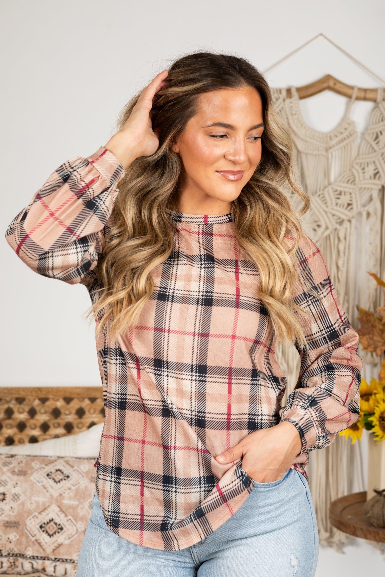 Plaid Knit Long Sleeve Top Product Image