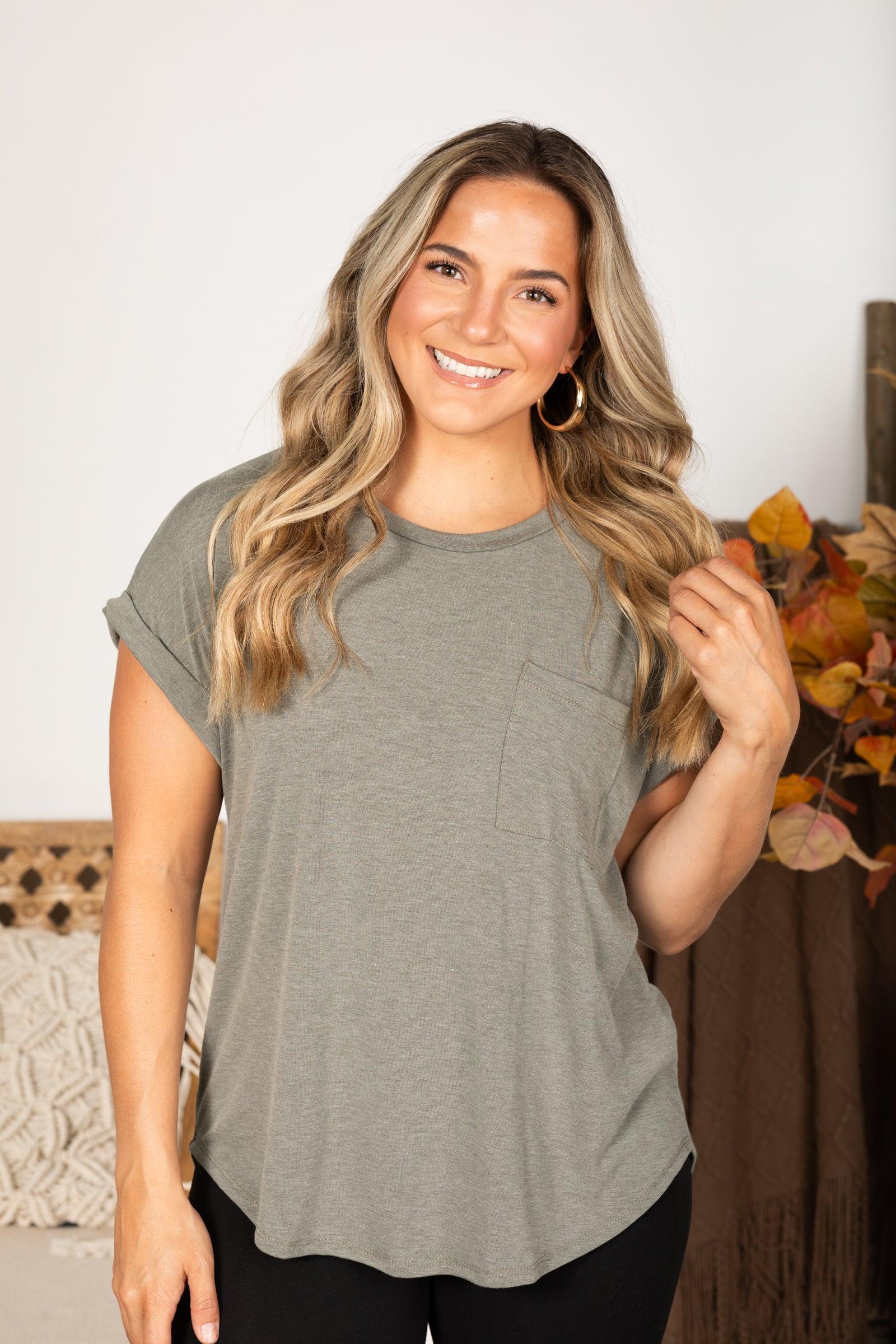 Knit Solid Pocket Folded Short Sleeve Top Product Image