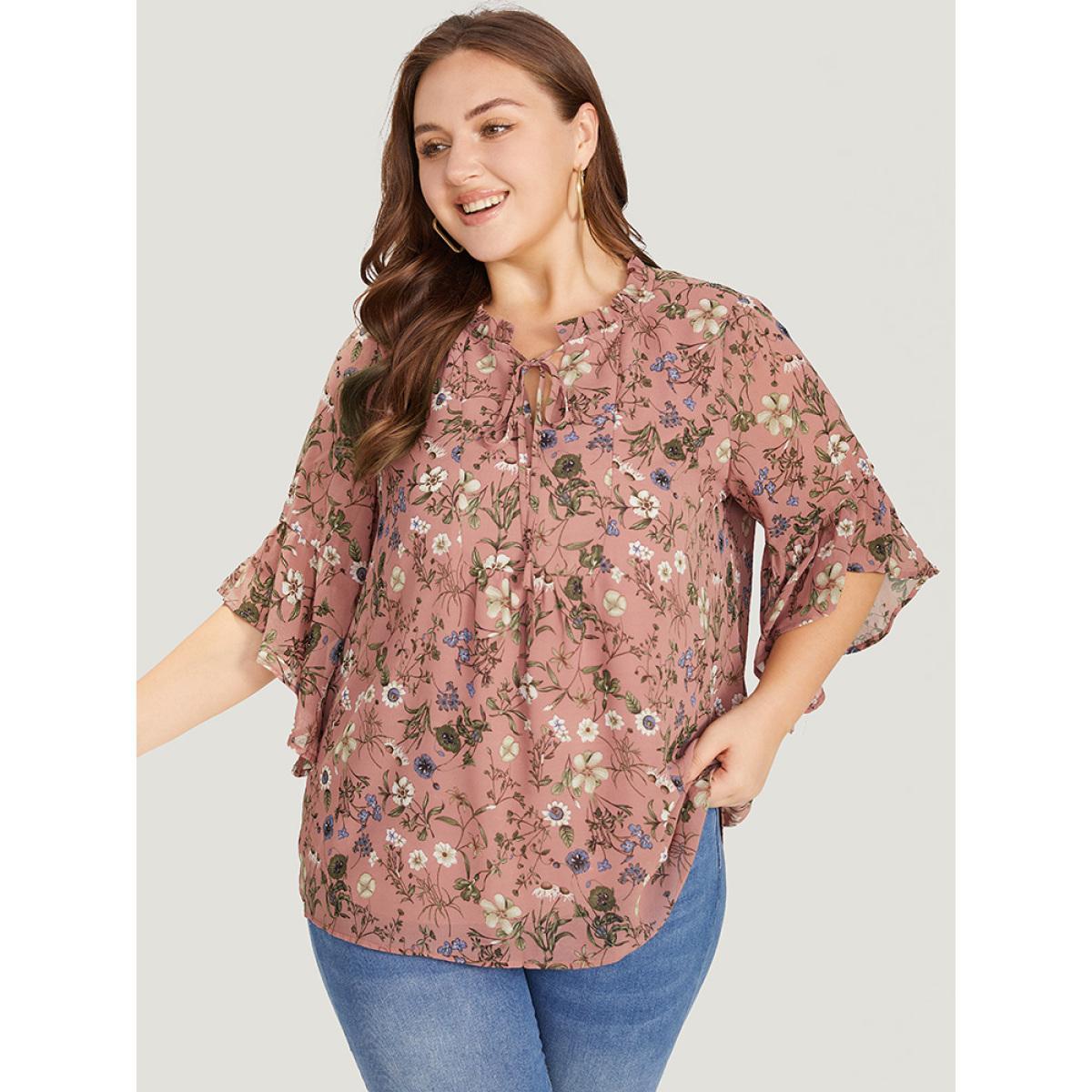 Plus Size Rouge Floral Tie Neck Frill Trim Bell Sleeve Blouse Women Elegant Half Sleeve Tie Neck Dailywear Blouses BloomChic 12/L Product Image