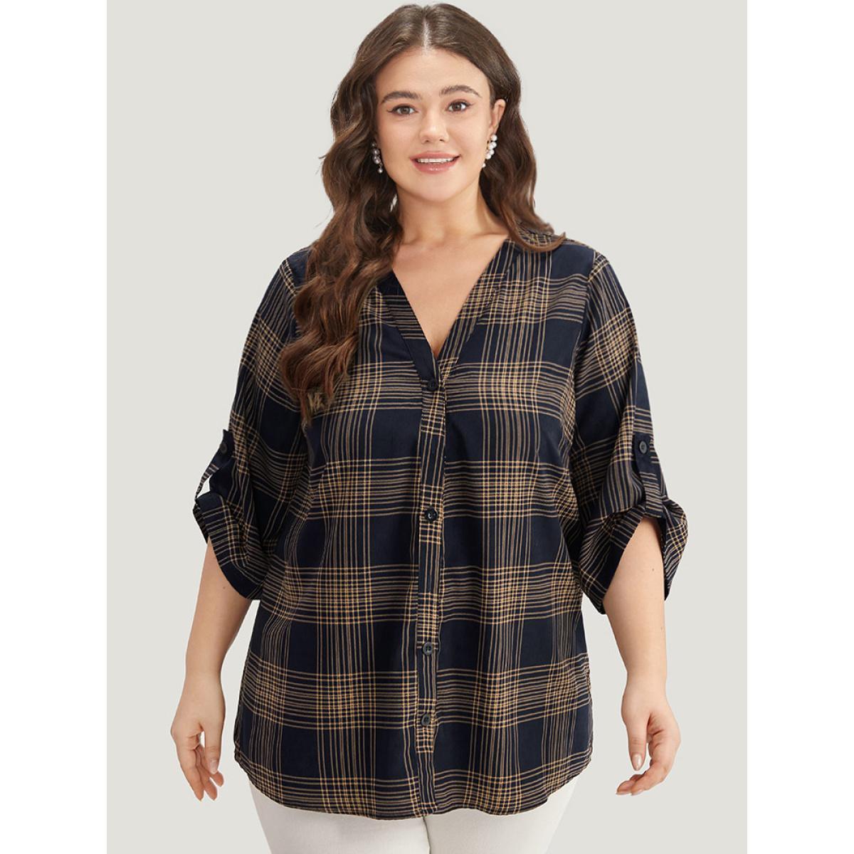 Plus Size Indigo Plaid Button Through Roll Tab Sleeve Blouse Women Office Half Sleeve V-neck Work Blouses BloomChic 26/4X Product Image