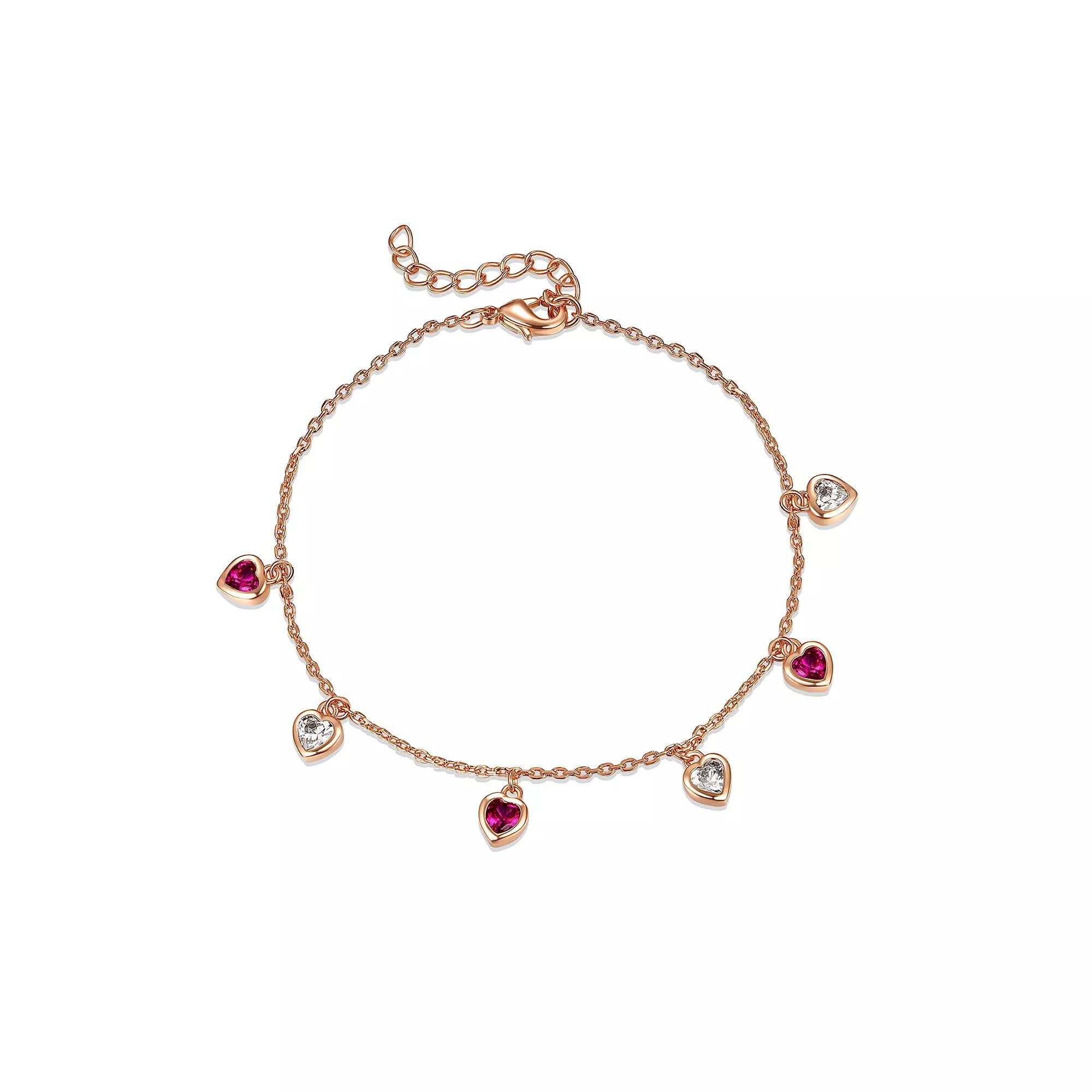 18k Rose Gold Plated Cubic Zirconia Heart Dangle Charm Bracelet, Women's, Size: 5.5, Gold Tone Product Image