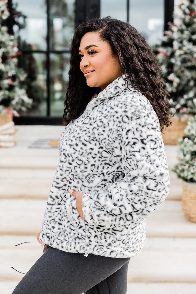 Too Much Fun Fuzzy Black And Ivory Leopard Print Quarter Zip FINAL SALE Product Image
