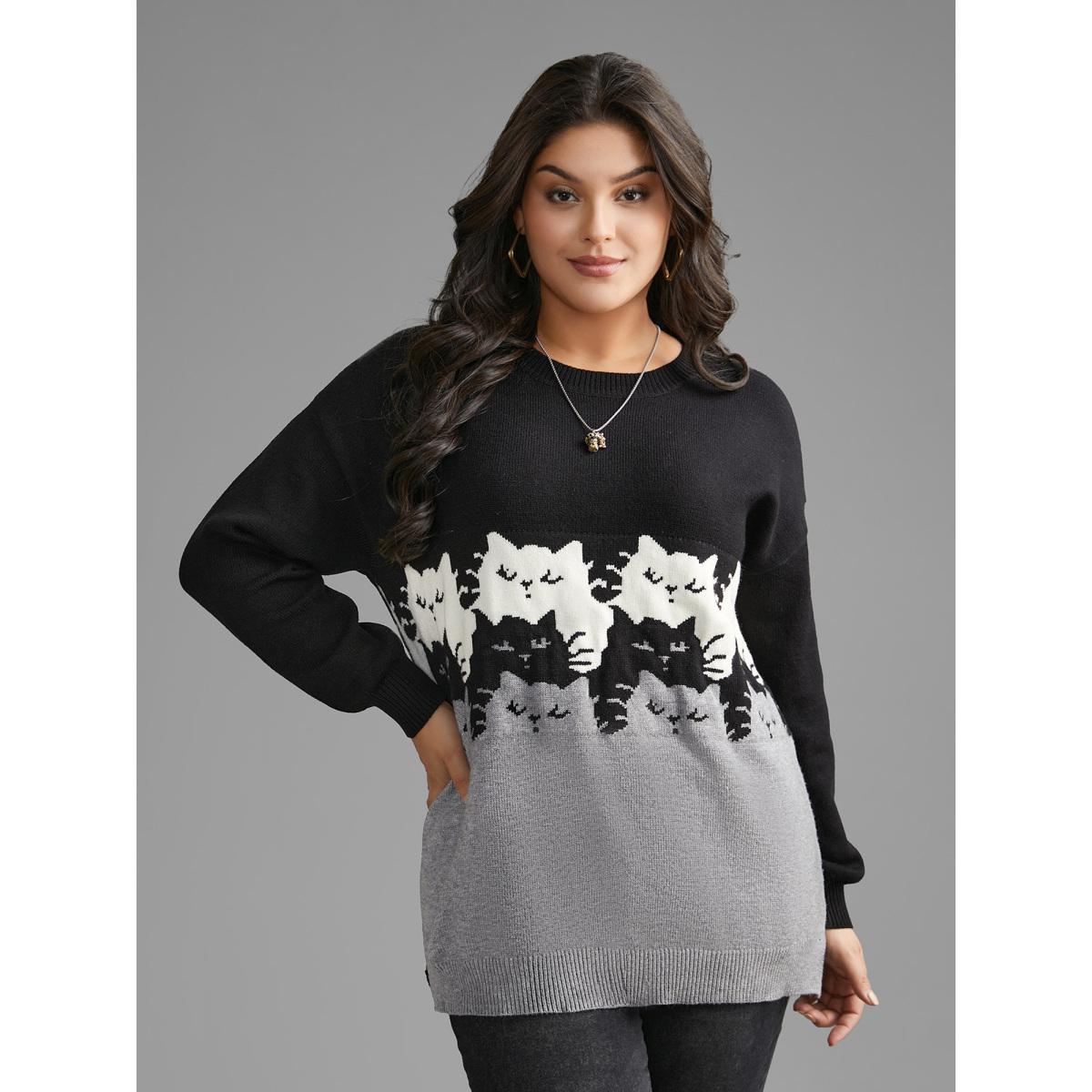 Plus Size Cat Contrast Drop Shoulder Pullover Black Women Casual Loose Long Sleeve Round Neck Everyday Pullovers BloomChic 10/M Product Image