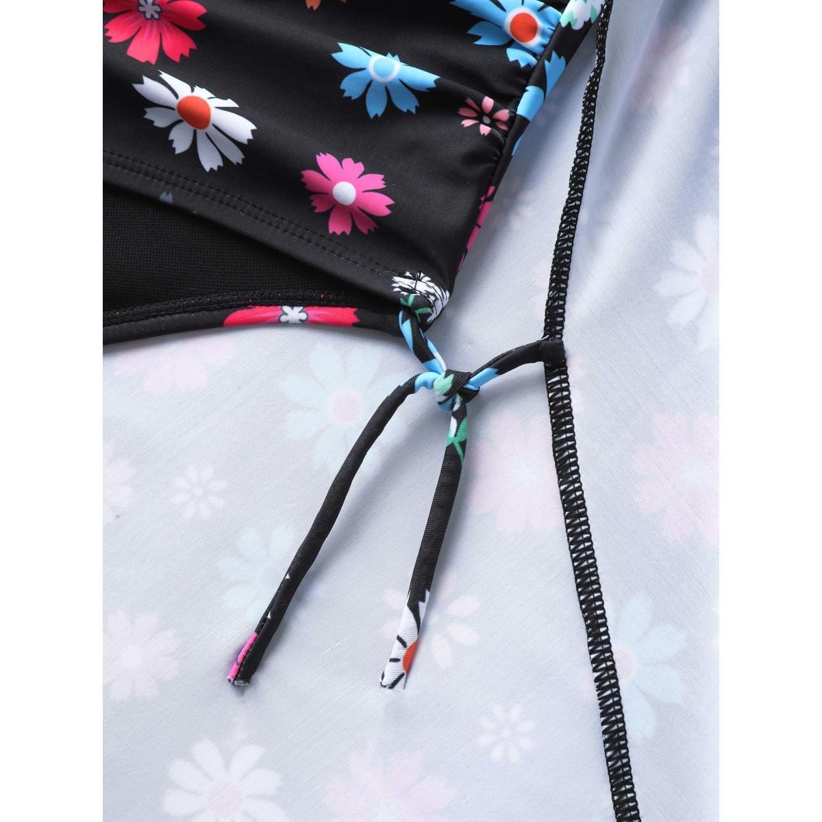 Plus Size Colorful Floral Print Fit Flare Swim Dress Women's Swimwear Black Beach Bodycon Overlap Collar High stretch Curve Swim Dresses BloomChic 28/5X Product Image