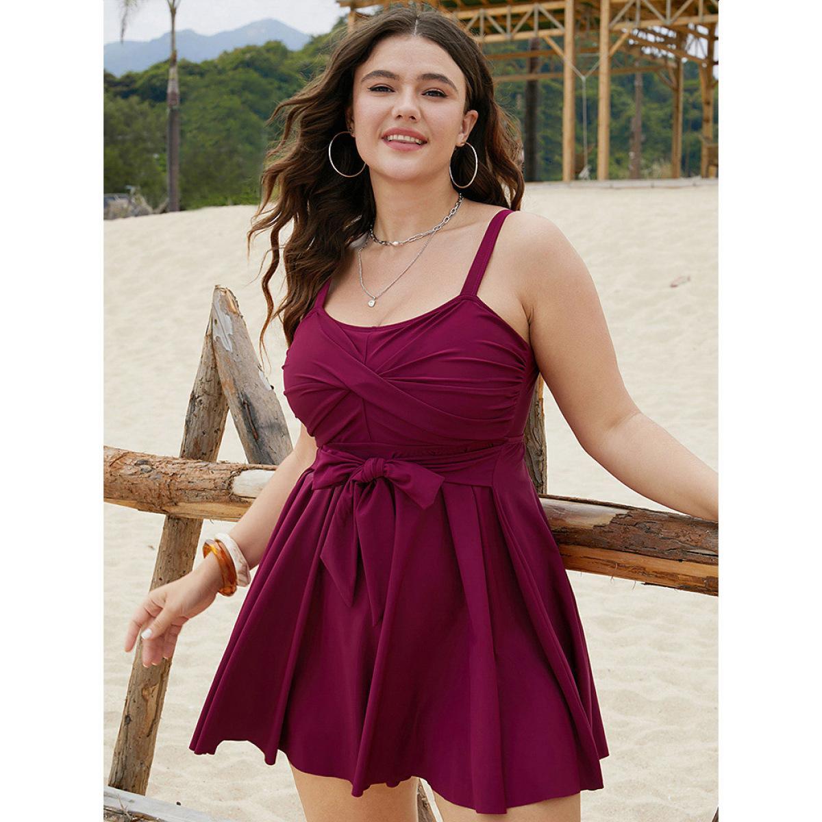 Plus Size Bowknot Crossover Pleated Detail Swim Dress Women's Swimwear RedViolet Beach Bodycon Heart neckline High stretch Curve Swim Dresses BloomChic 12/L Product Image
