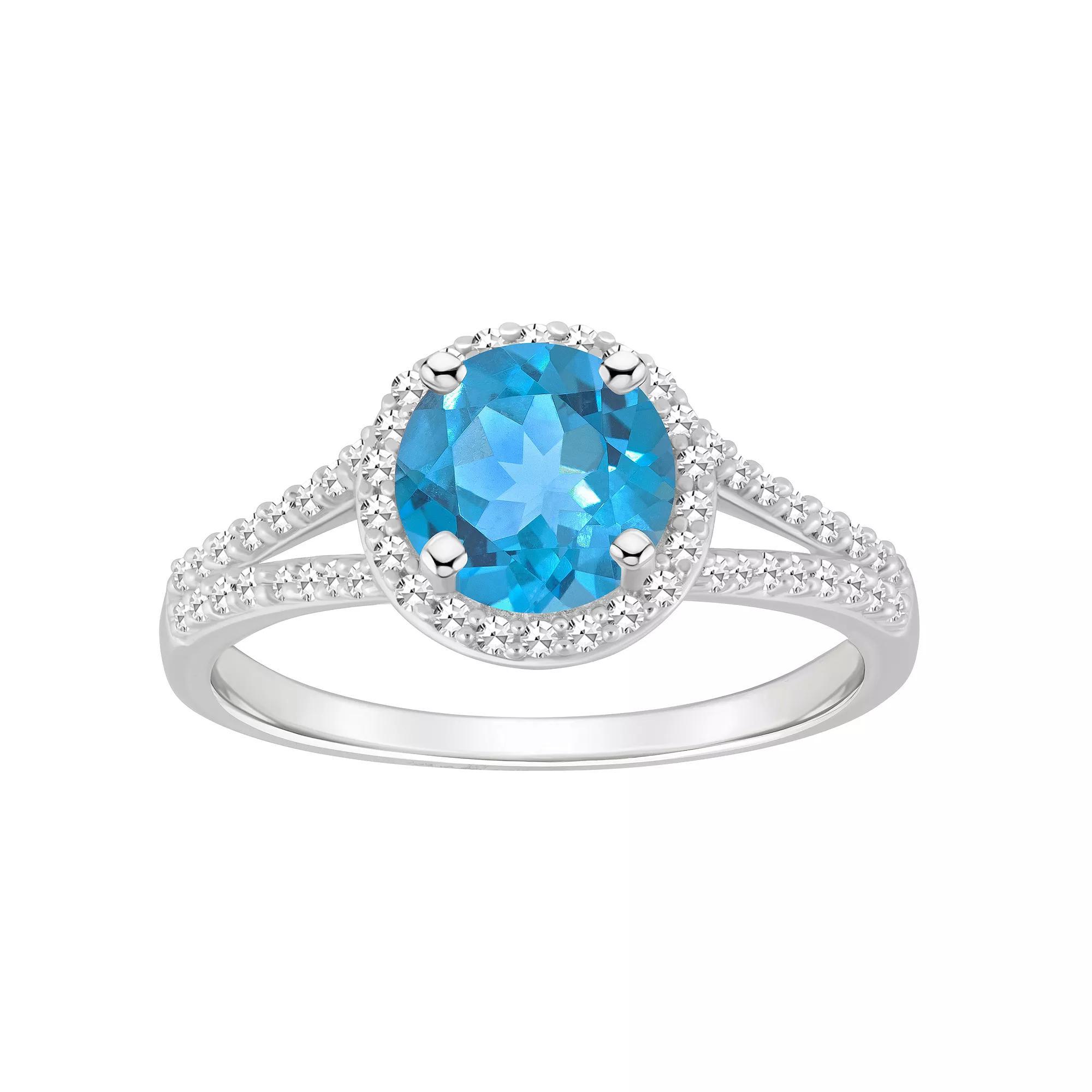 Celebration Gems Sterling Silver 7 mm Round Gemstone and 1/4 Carat T.W. Diamond Split Shank Ring, Women's, Size: 5, Blue Topaz Product Image