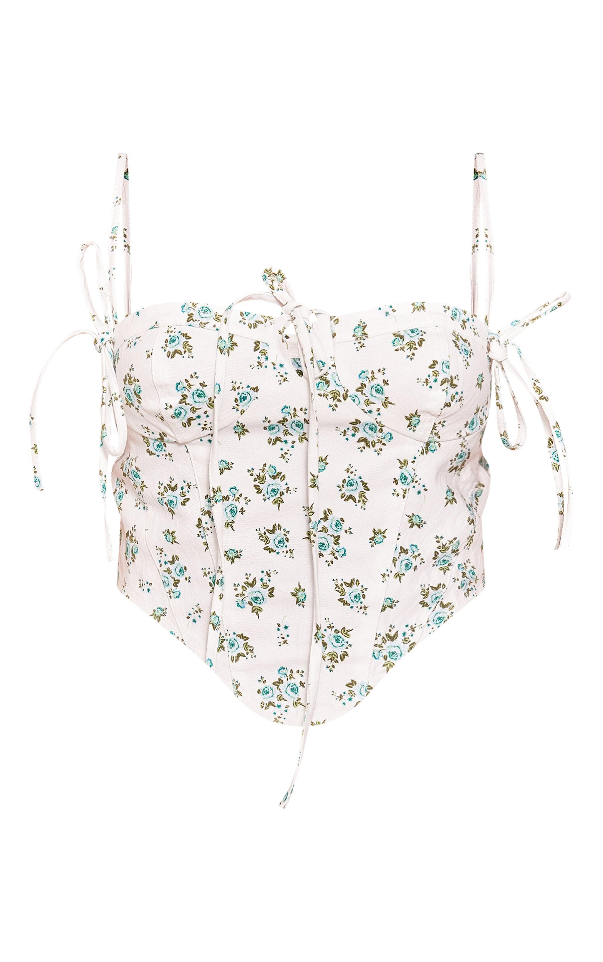 Petite White Denim Floral Print Corset Top Product Image