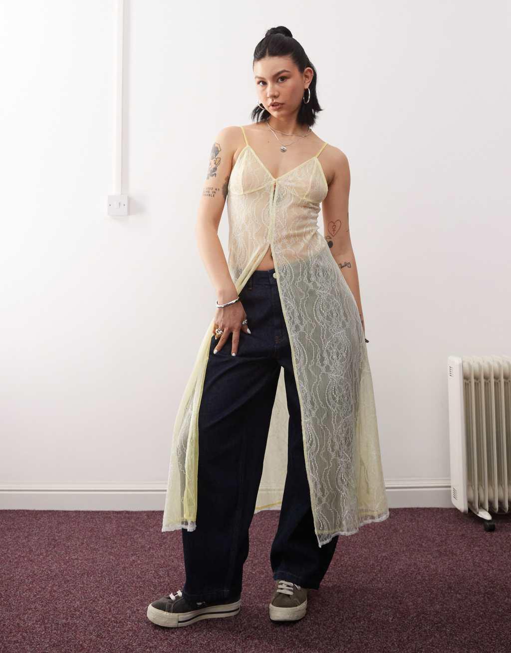 Reclaimed Vintage lace mesh maxi layering dress in yellow Product Image