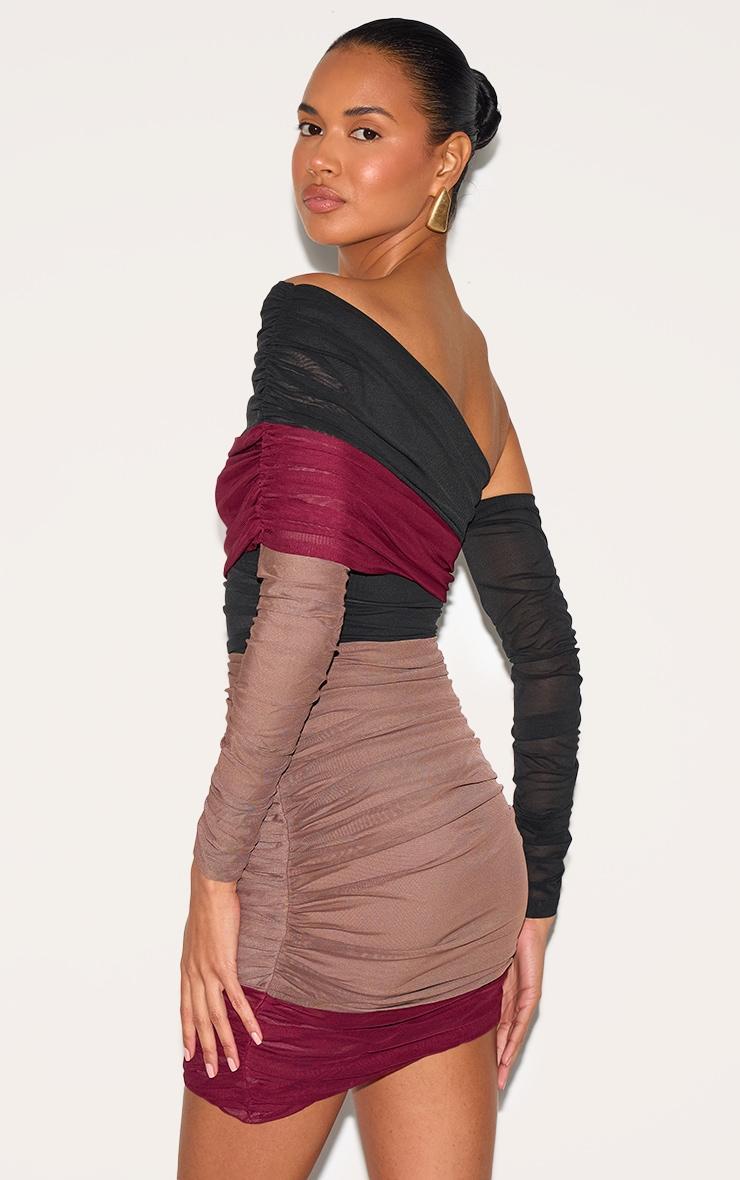 PLT Label Burgundy Bandage Mesh Panel Ruched Asymmetrical Bodycon Dress Product Image