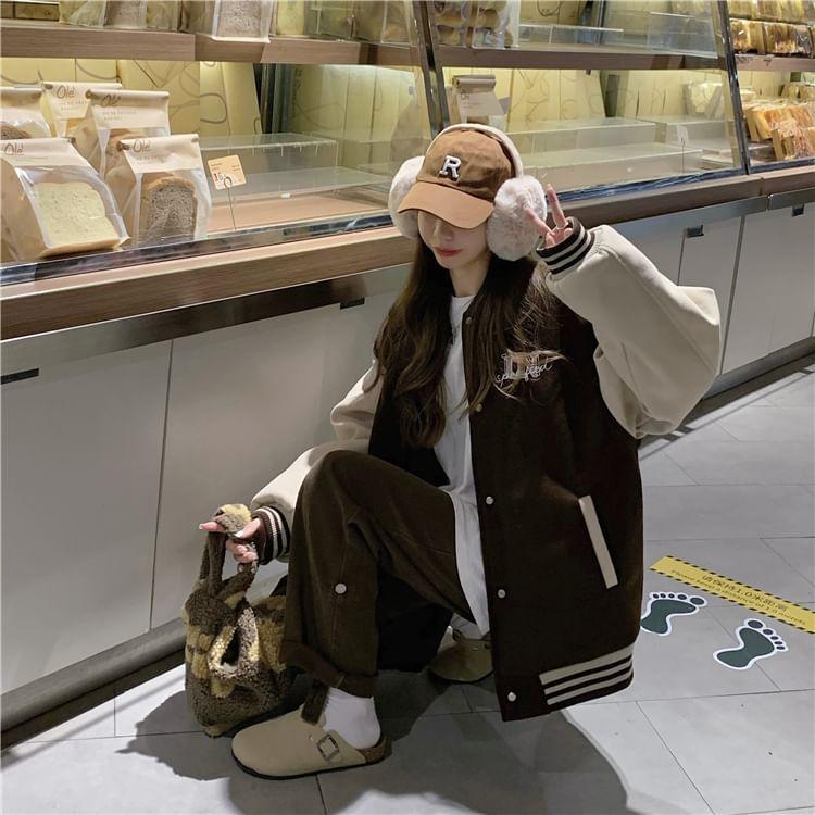 Numbering Lettering Print Button Baseball Jacket Product Image