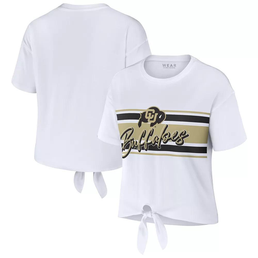 Women's WEAR by Erin Andrews White Colorado Buffaloes Striped Front Knot Cropped T-Shirt, Size: Medium Product Image