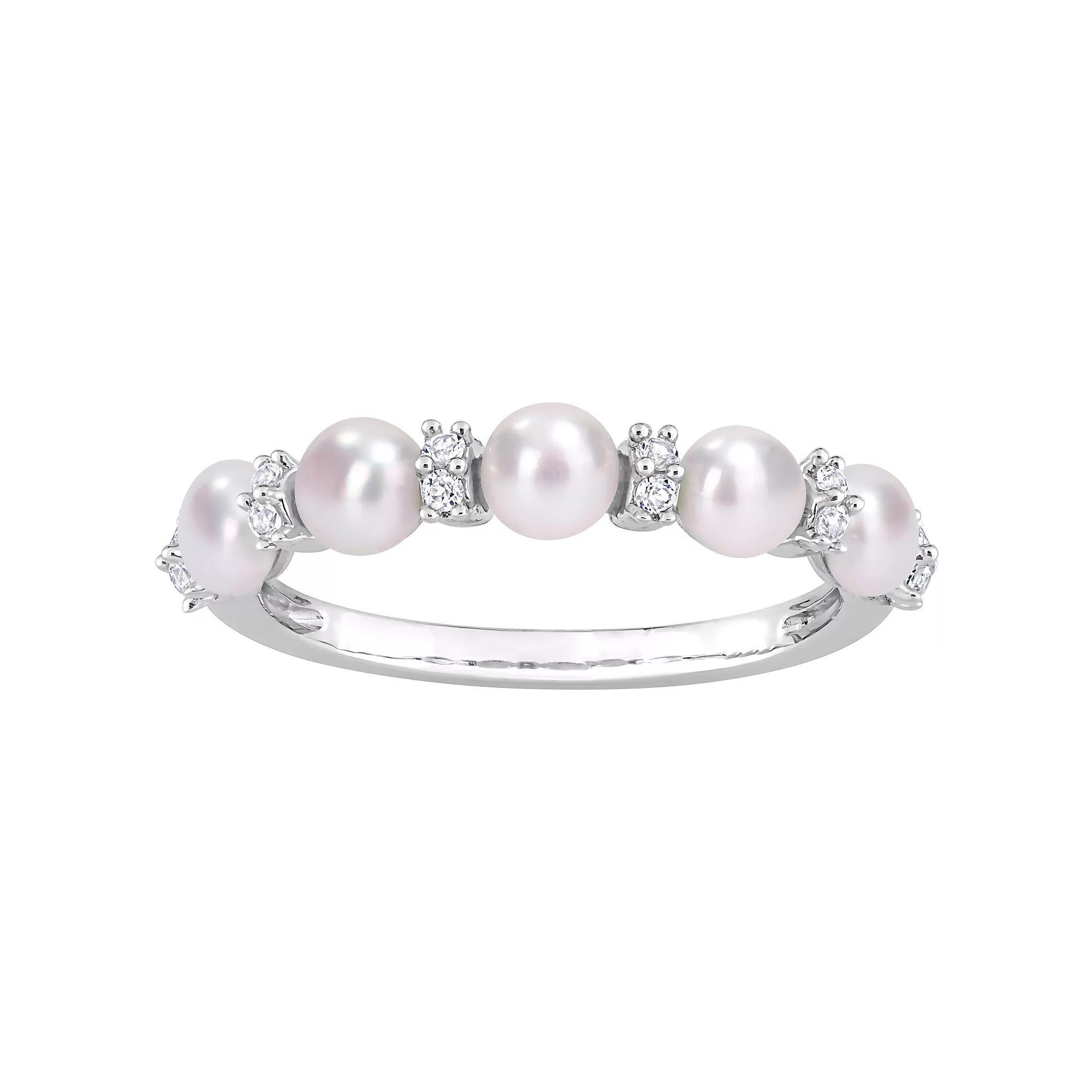 Stella Grace Sterling Silver Freshwater Cultured Pearl & White Topaz Wedding Ring, Women's, Size: 9 Product Image