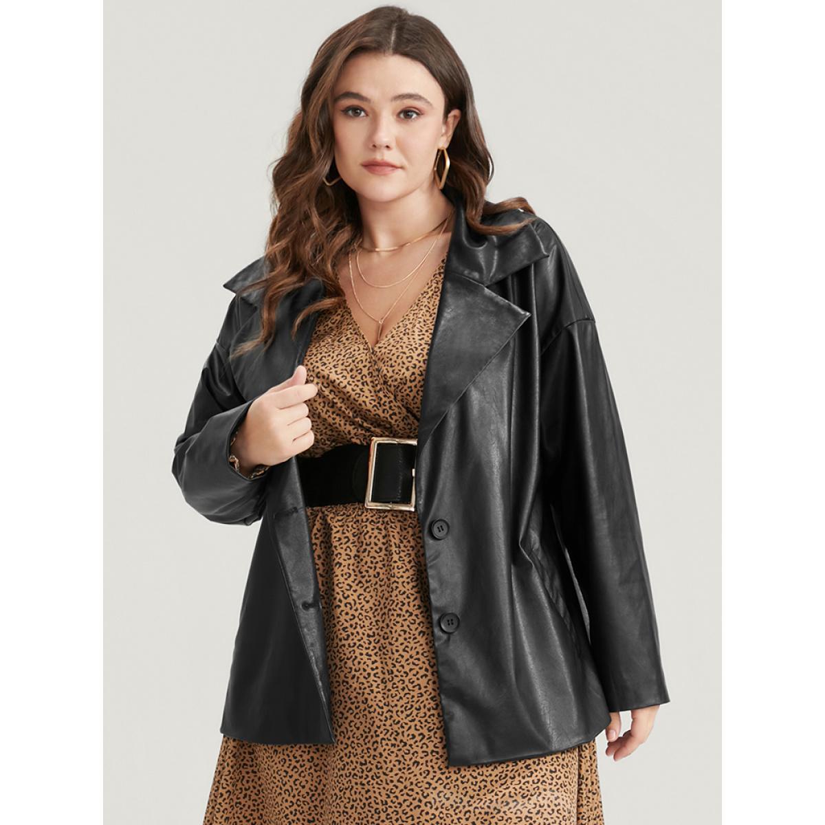 Plus Size PU Leather Pocket Suit Collar Blazer Black Women Going out Plain Sleeve Long Sleeve Suit Collar 12/L Pocket Glamour Blazers BloomChic Product Image