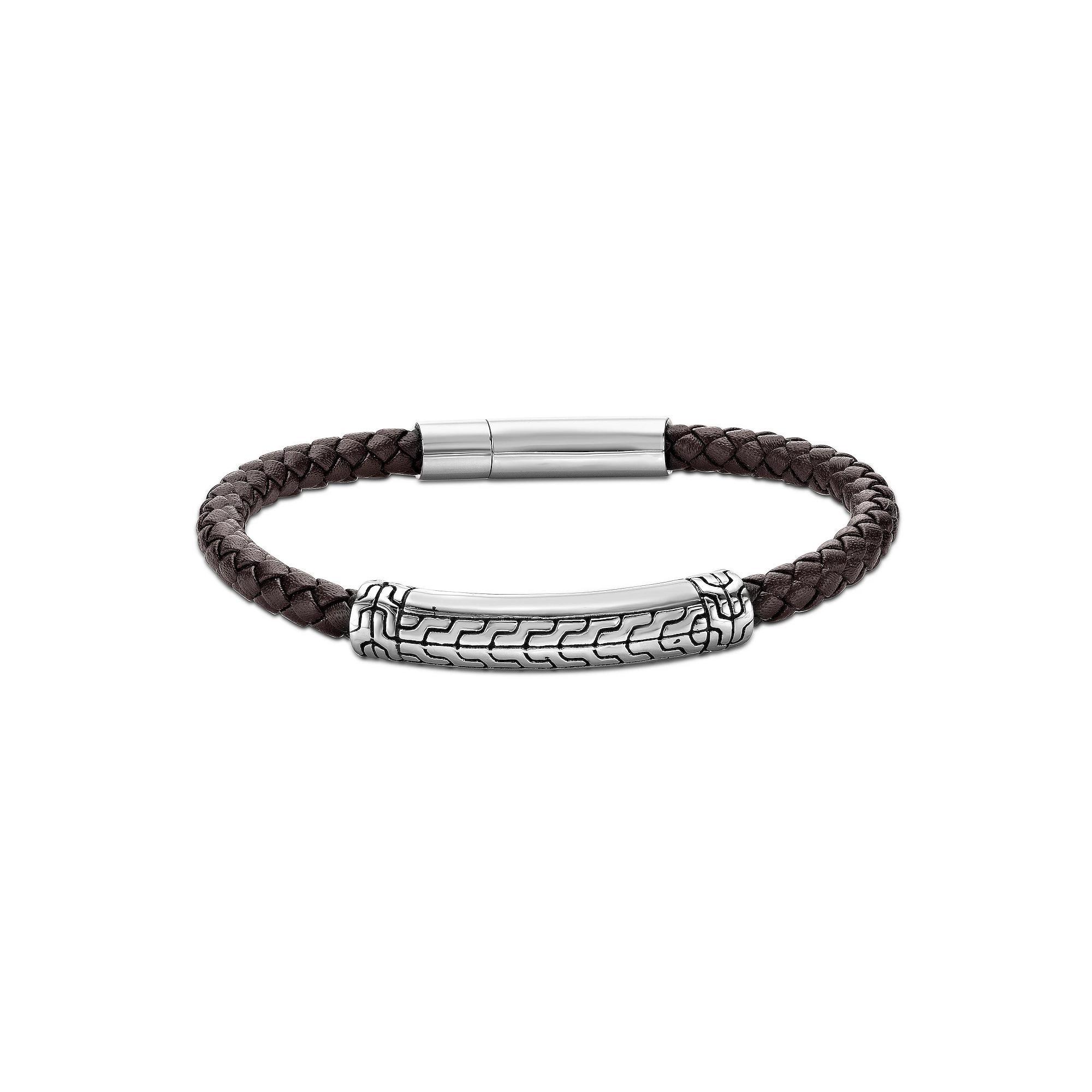 Men's LYNX Stainless Steel Leather Bracelet, Size: 8.5", Brown Product Image