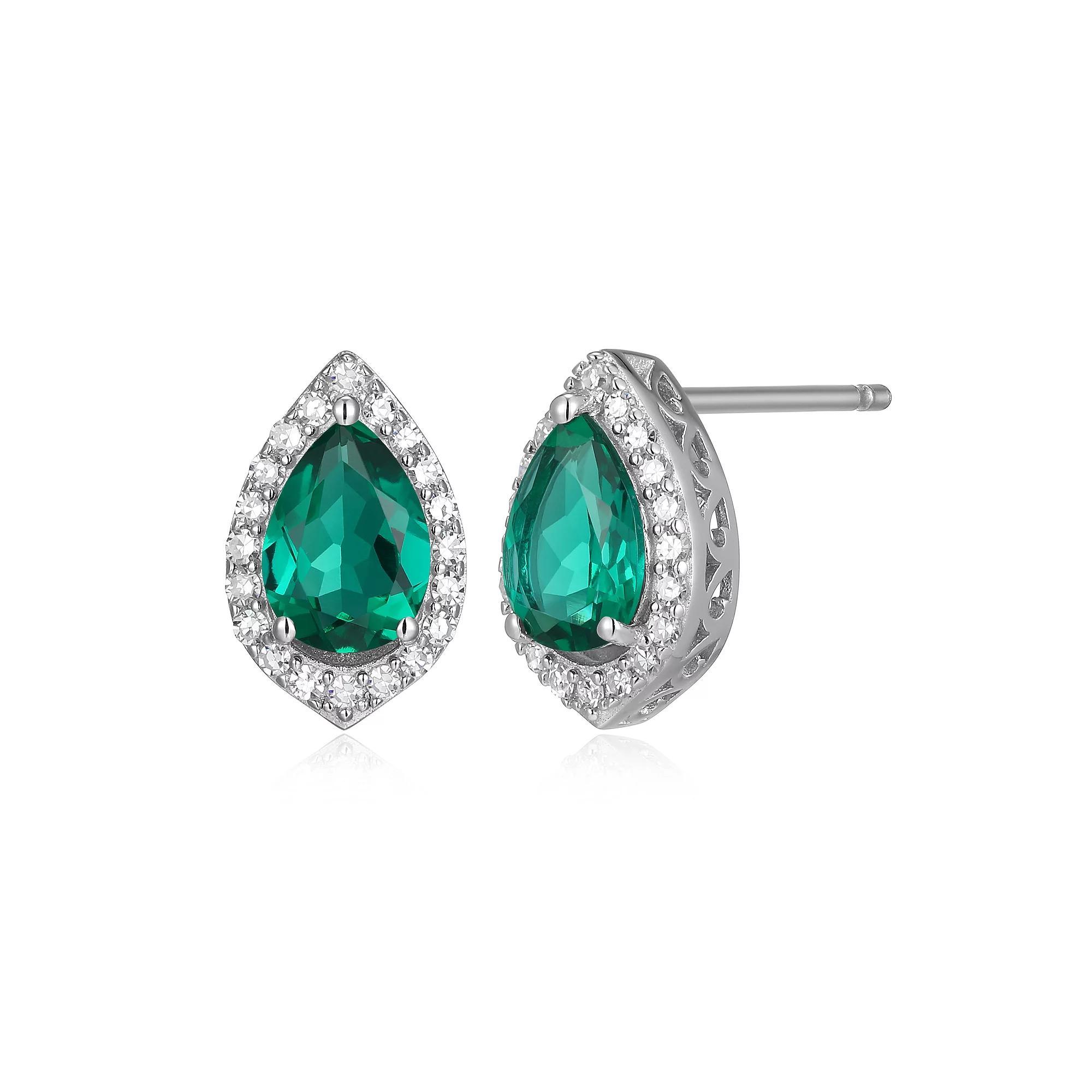 Sterling Silver Lab-Created Emerald & 1/5 Carat T.W. Lab-Grown Diamond Halo Stud Earrings, Women's Product Image