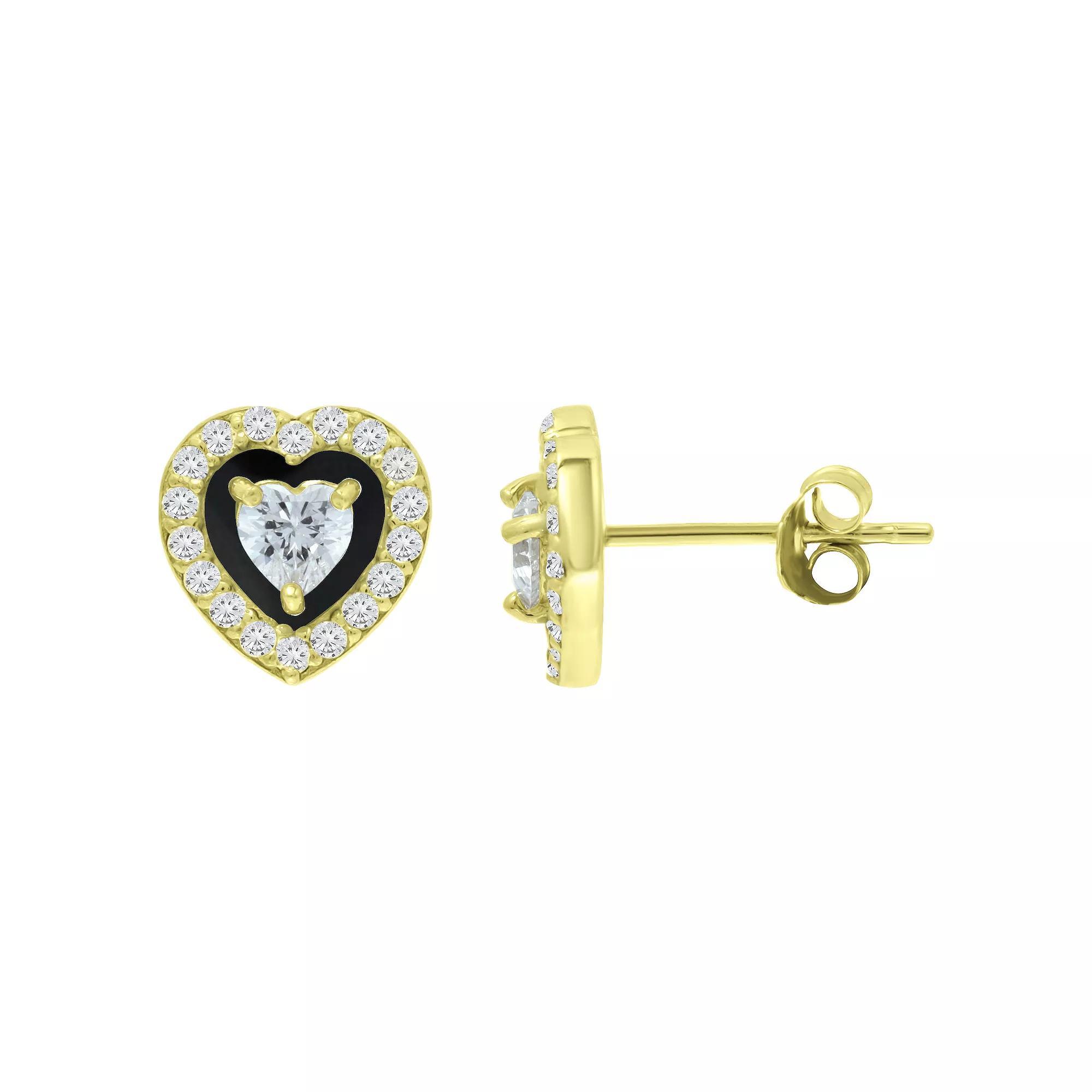 Aleure Precioso Sterling Silver Cubic Zirconia Heart Shaped Halo Stud Earrings, Women's, Black Product Image