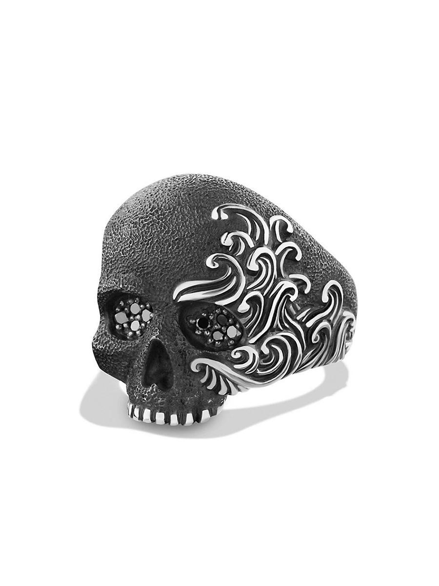 David Yurman Mens Sterling Silver Waves Skull Ring with Black Diamonds Product Image