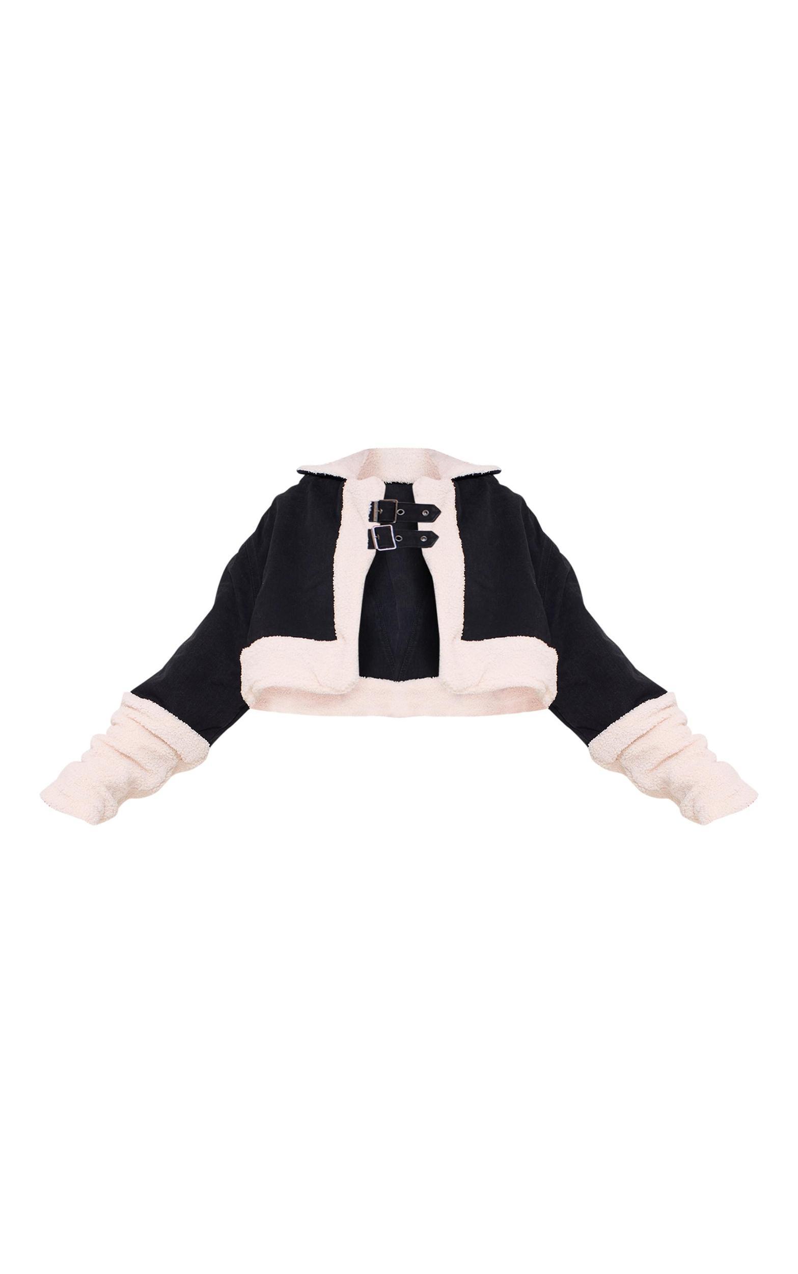 Black Cropped Denim Borg Contrast Aviator Jacket Product Image