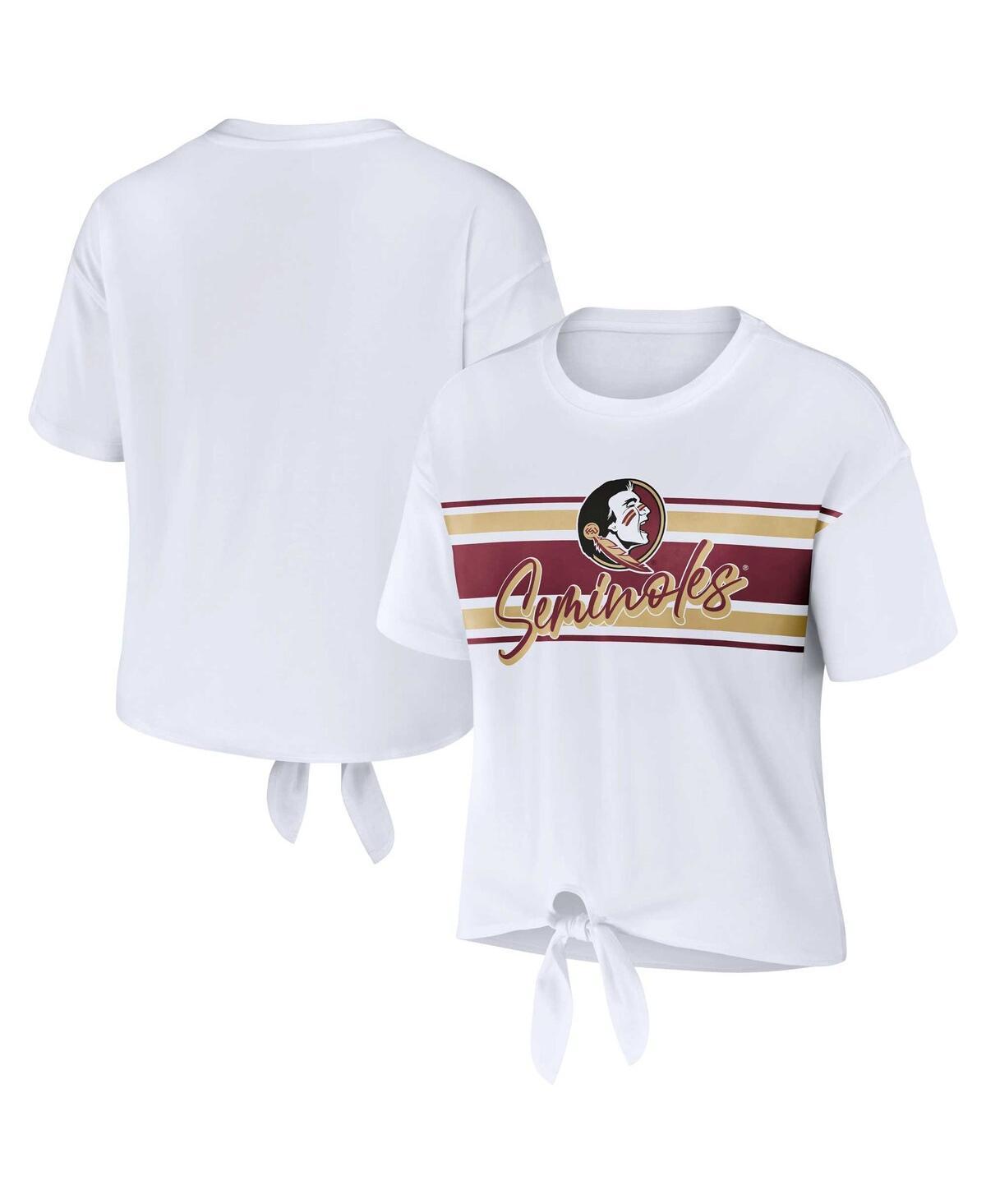 Women's WEAR by Erin Andrews White Florida State Seminoles Striped Front Knot Cropped T-Shirt, Size: Large Product Image