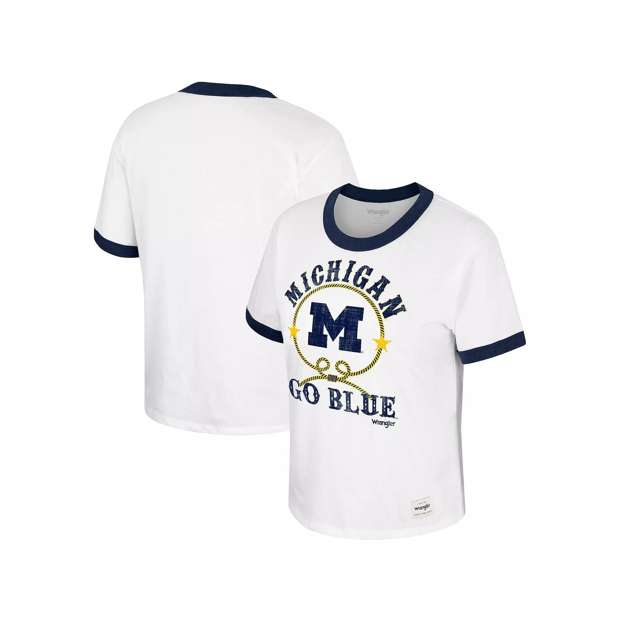 Women's Colosseum x Wrangler White Michigan Wolverines Freehand Ringer T-Shirt, Size: Large Product Image