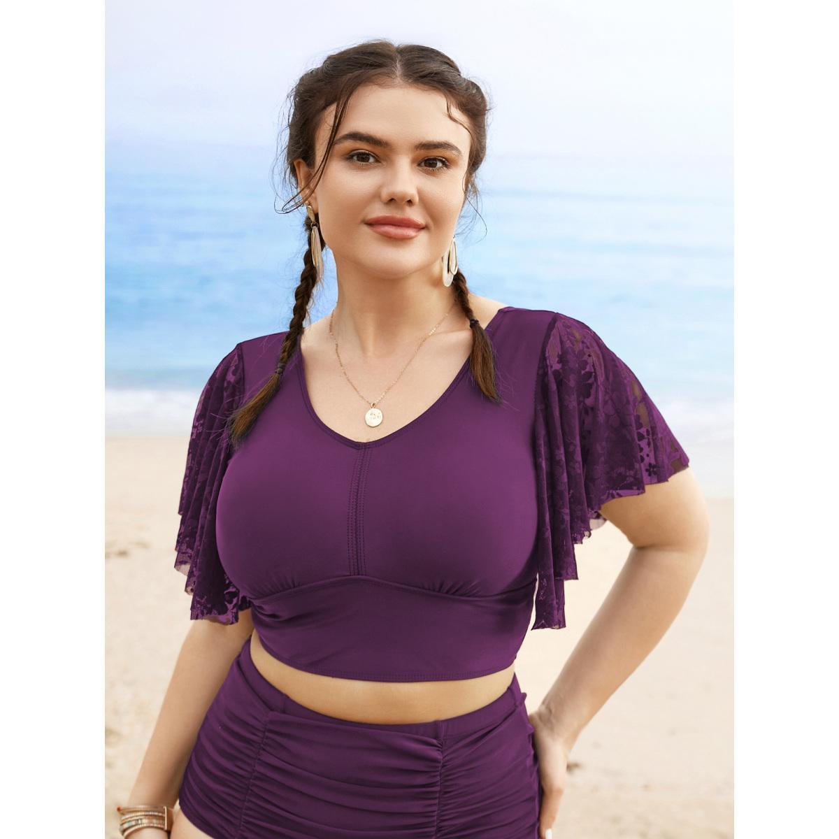 Plus Size U Neck Crochet Lace Mesh Swim Top Women's Swimwear Deeppurplered Beach Texture High stretch Skinny U-neck Curve Swim Tops BloomChic 28/5X Product Image