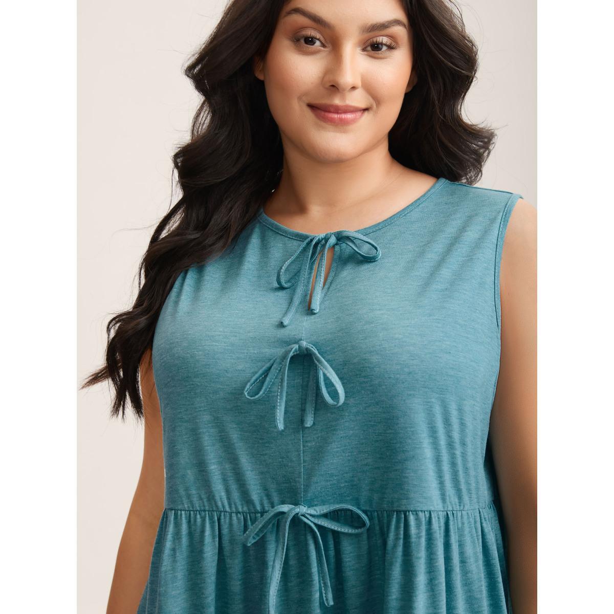 Plus Size Bow Tie Detail Neck Keyhole Tank Top Women Cerulean Tie knot Round Neck Everyday-Casual Tank Tops Camis BloomChic 18-20/2X Product Image